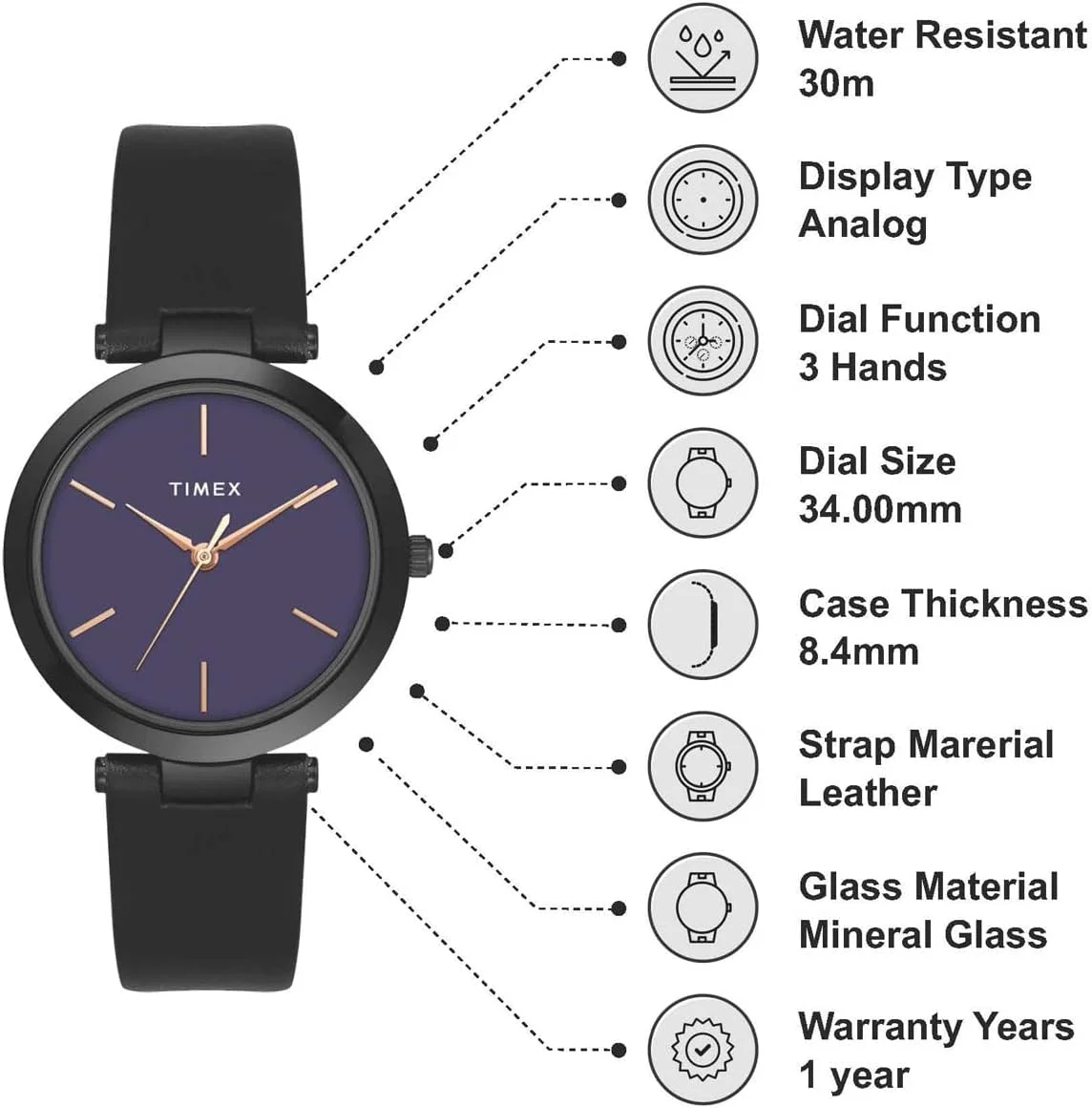 ساعت مچی آنالوگ زنانه تایمکس با صفحه گرد بنفش و بند چرمی مشکی مقاوم در برابر آب ساعت مچی آنالوگ زنانه تایمکس با صفحه گرد بنفش و بند چرمی مشکی مقاوم در برابر آب