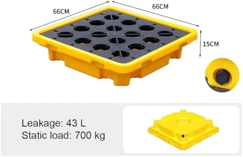 پالت نگهدارنده نشت مواد شیمیایی بشکه ای ماژولار صنعتی با زهکشی، سینی پلی اتیلنی ضد نشت برای ایمنی مخزن روغن و نگهداری مواد شیمیایی، زرد - 43 لیتر