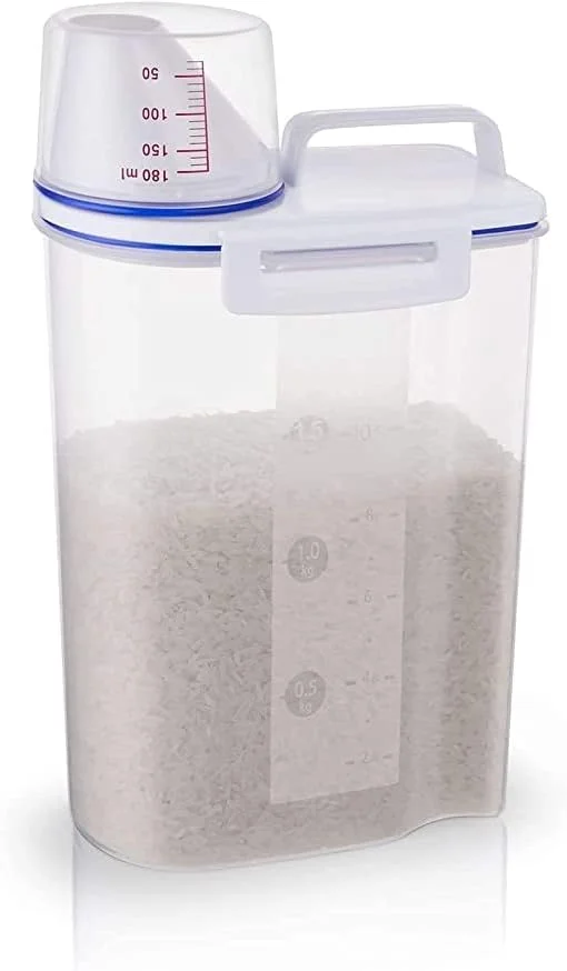 ظرف نگهداری مواد غذایی پلاستیکی قابل حمل 2 کیلویی، جعبه ذخیره سازی آرد غلات، مخزن مهر و موم شده برنج با پیمانه اندازه گیری
