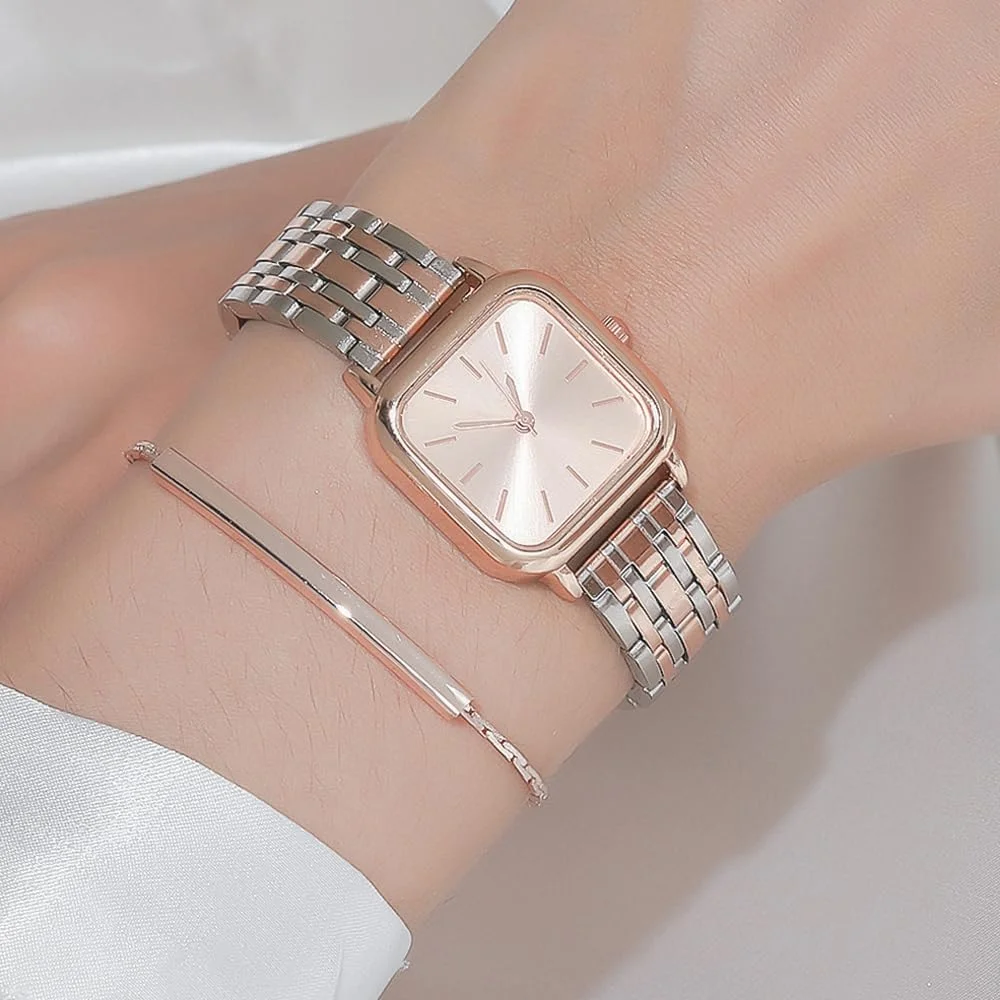 ساعت مچی زنانه النیکر، قاب مربعی با استیل ضد زنگ، ساعت مچی دستبندی صفحه رزگلد