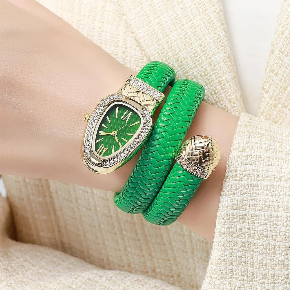 AE PRO - ساعت مچی زنانه فشن طرح مار با صفحه کوارتز، بافتنی، نگین دار لوکس با اعداد رومی (مشکی)