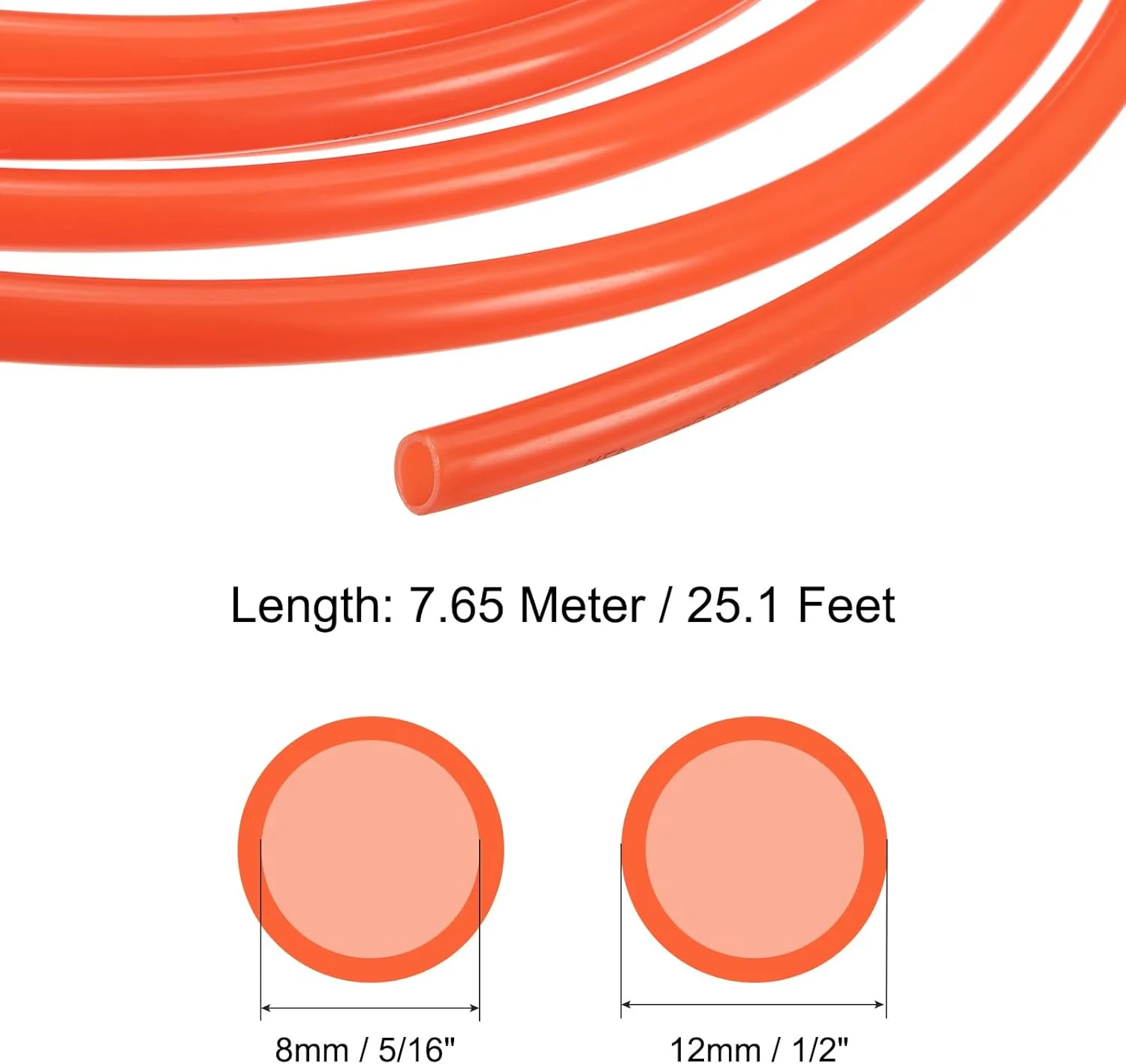 شلنگ PE پاتیکیل، قطر داخلی 8 میلی‌متر، قطر خارجی 12 میلی‌متر، طول 7.65 متر، شلنگ پلی‌اتیلن انعطاف‌پذیر برای سیستم‌های اسمز معکوس و فیلترهای آب، نارنجی
