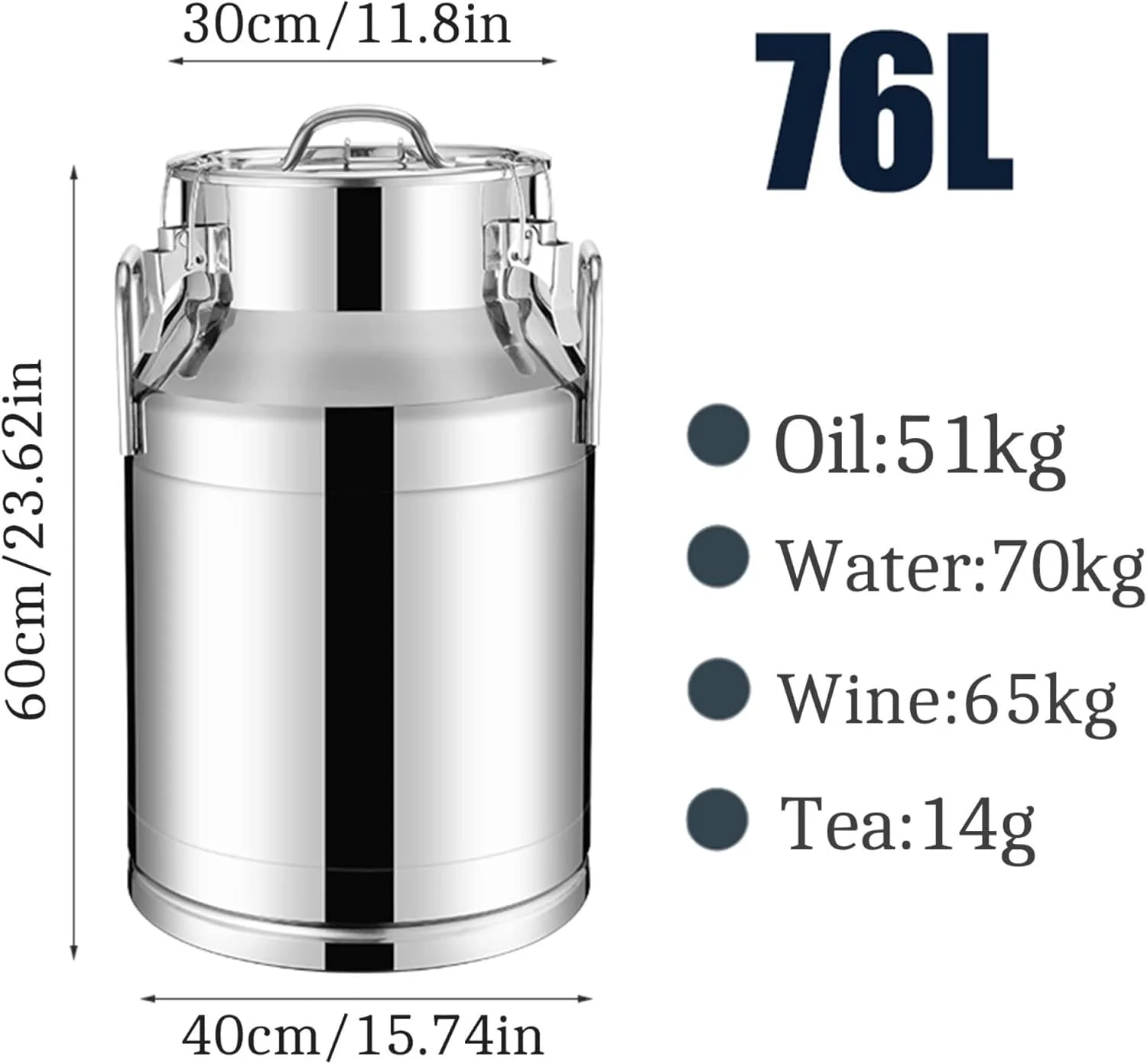سطل شیر استیل 76 لیتری - مخزن حمل شیر با ظرفیت بالا و درب مهر و موم سیلیکونی - ایده آل برای شیر، قهوه، سوپ - ساختار استیل 304 - محکم و بادوام