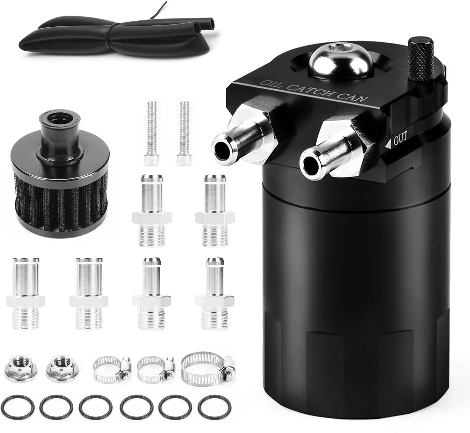 مخزن ذخیره روغن Comeder، مخزن تنفس روغن آلومینیومی 300 میلی لیتری خودرو، مخزن جهانی آلومینیومی با فیلتر، اتصالات، شلنگ PVC، بست کمربندی، پیچ، مهره، حلقه های O (مشکی)