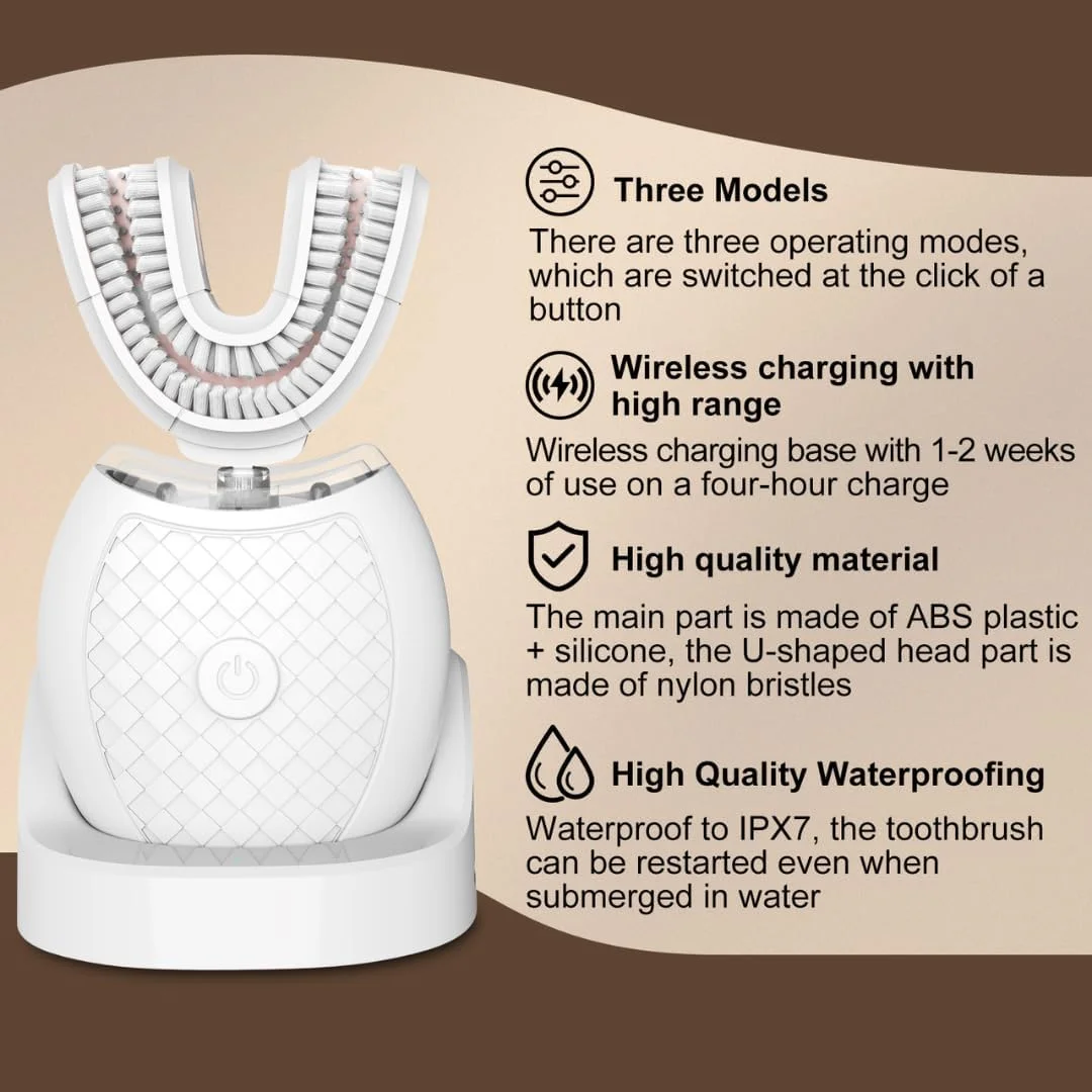 مسواک برقی U شکل بزرگسالان - مسواک اتوماتیک اولتراسونیک 360 درجه با 3 حالت، قابل شارژ، ضد آب IPX7، سیلیکون درجه غذایی، دارای گواهینامه CE FCC RoHS