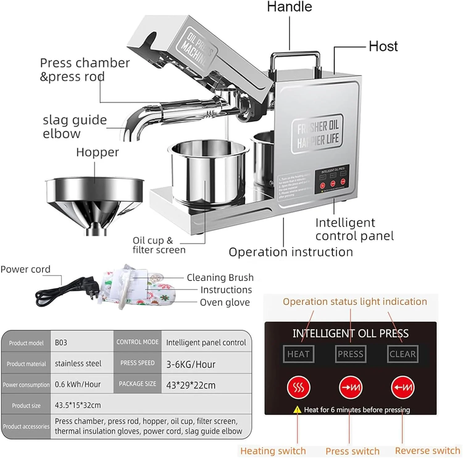 دستگاه روغن گیری خانگی و تجاری، 820 وات، بازدهی بالای روغن، فولاد ضد زنگ برای پرس سرد و گرم دستگاه روغن گیری خانگی و تجاری، 820 وات، بازدهی بالای روغن، فولاد ضد زنگ برای پرس سرد و گرم