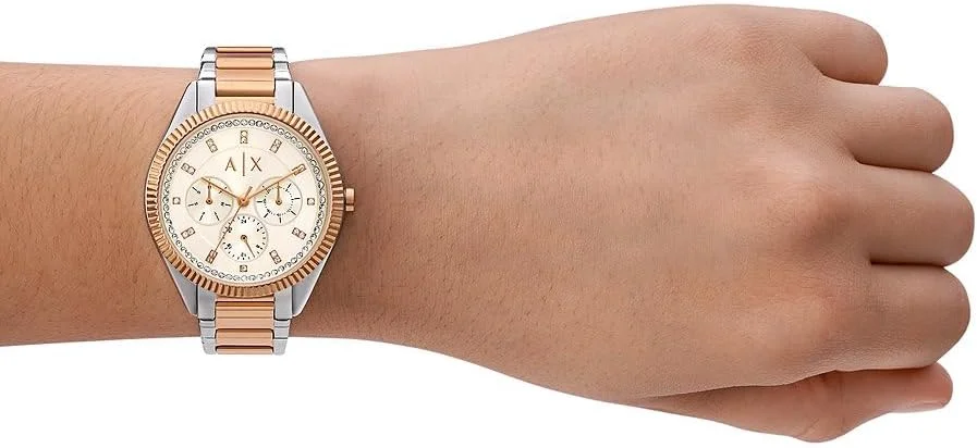 ساعت زنانه آرمانی اکسچنج، دارای موتور کرنوگراف و قاب 38 میلی‌متری با بند استیل، چرمی یا سیلیکونی