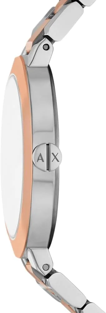 ساعت آرمانی اکسچنج با صفحه نقره‌ای، موتور دو عقربه و دستبند استیل دو رنگ