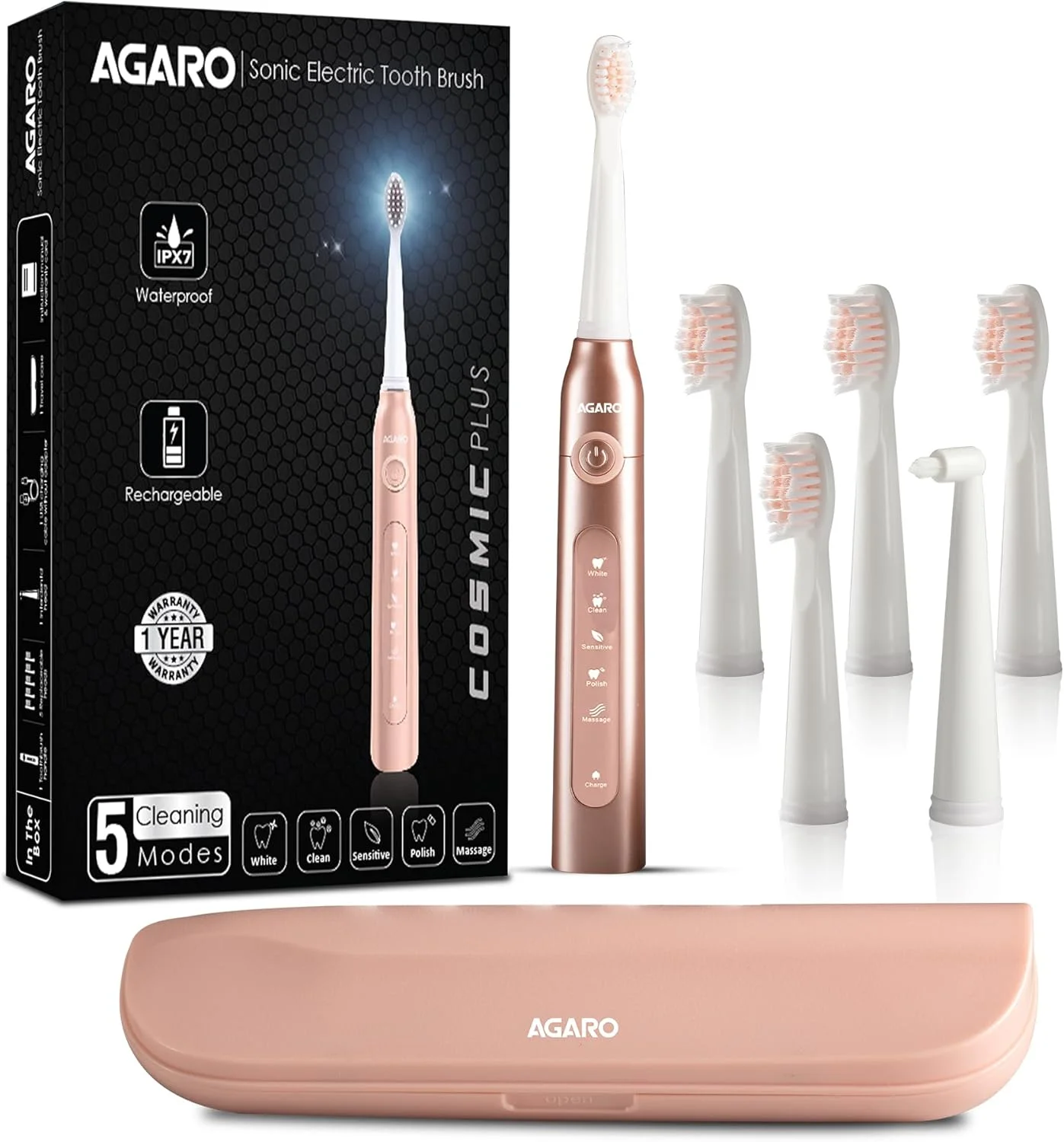 مسواک برقی صوتی بزرگسالان AGARO Cosmic Plus با 5 حالت، 5 سر برس، 1 سر بین دندانی، کیف حمل و قابل شارژ با 4 ساعت شارژ تا 25 روز، مسواک برقی (رزگلد)