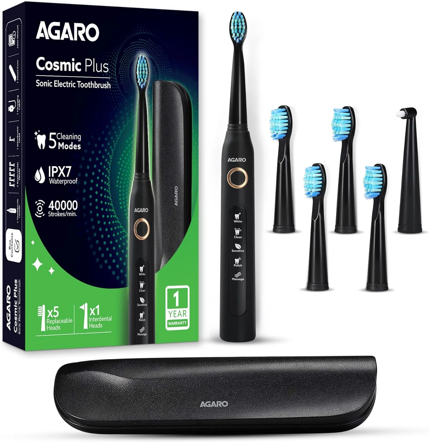 مسواک برقی صوتی AGARO COSMIC PLUS برای بزرگسالان با 5 حالت، 5 سر برس، 1 سر بین دندانی، کیف حمل و قابل شارژ با 4 ساعت شارژ تا 25 روز، مسواک برقی، (مشکی)