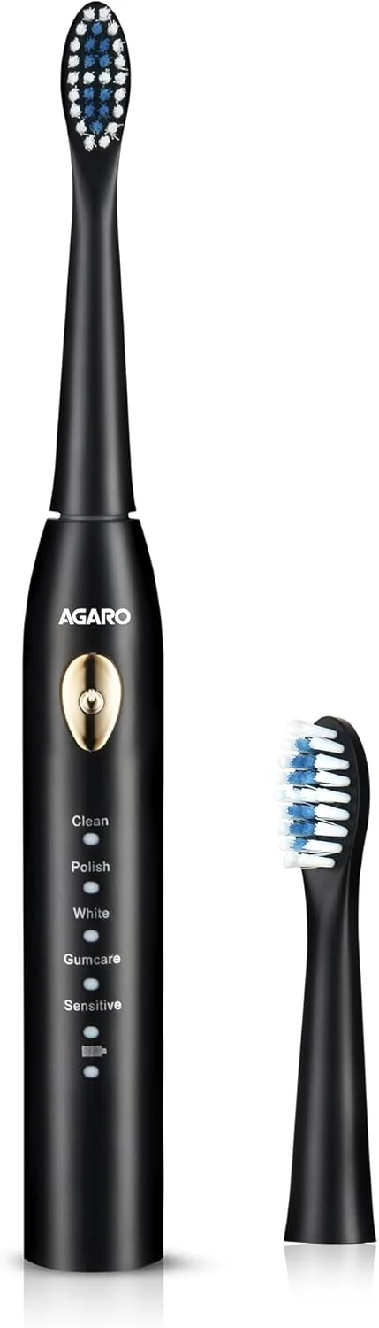 مسواک برقی صوتی AGARO COSMIC LITE مناسب بزرگسالان با 5 حالت، 2 سری برس و قابل شارژ با 4 ساعت شارژ که تا 25 روز دوام می آورد، مسواک برقی، (مشکی)