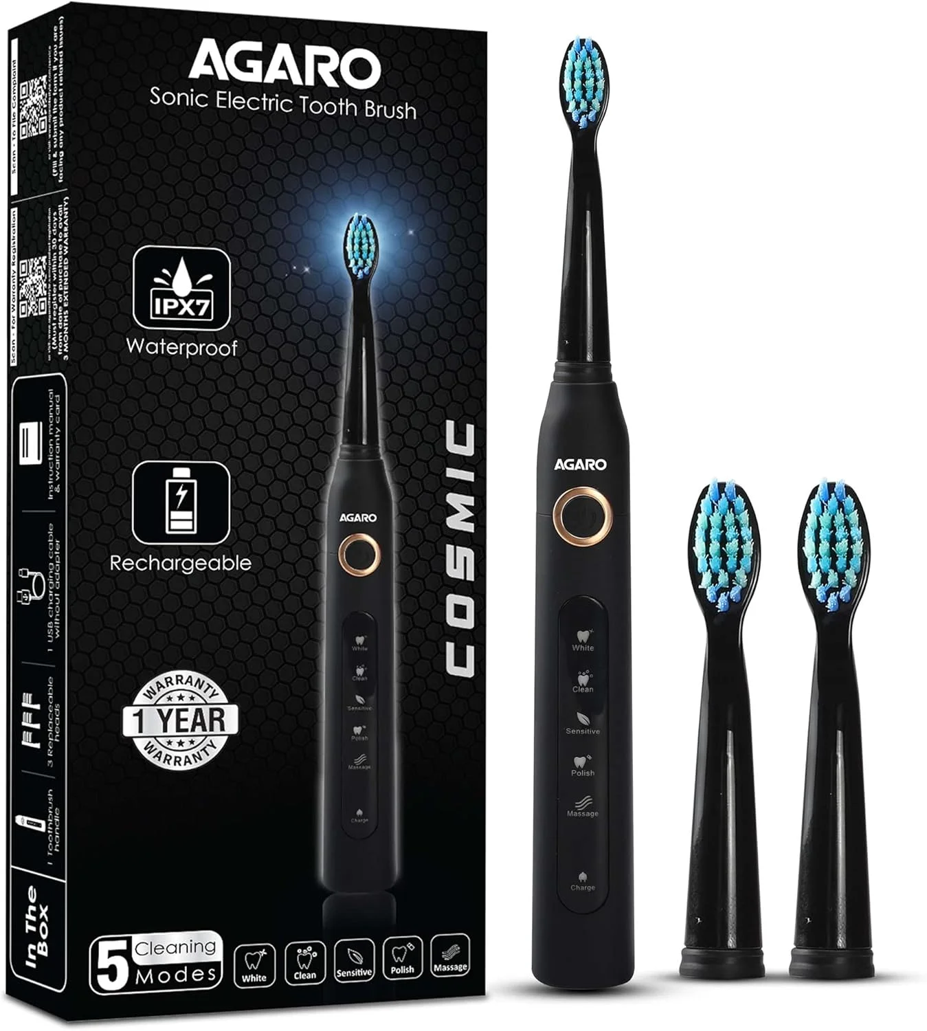 AGARO Cosmic Sonic Electric Toothbrush for Adults with 5 Modes, 3 Brush Heads & Rechargeable with 4 Hours Charge Lasting up to 25 Days, Power Toothbrush, (Black)