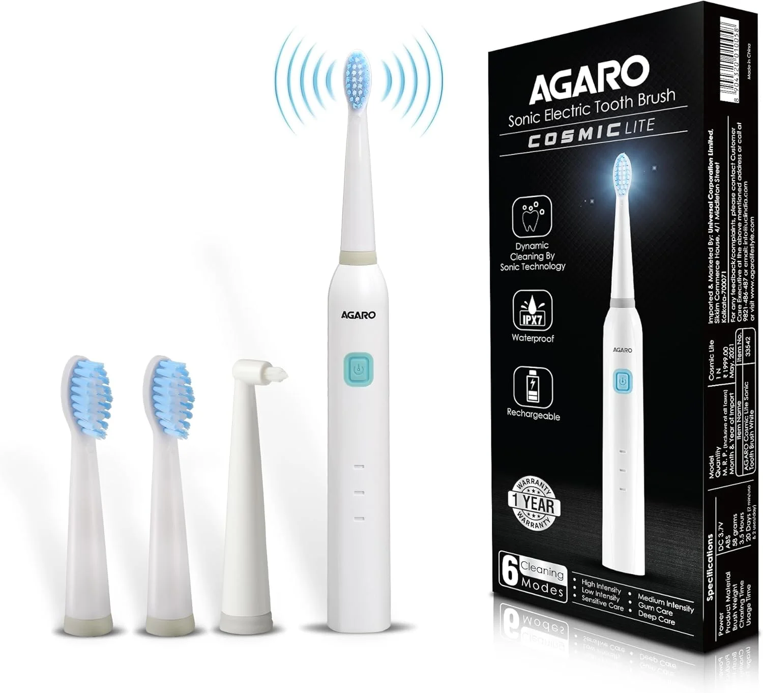 مسواک برقی صوتی AGARO COSMIC Lite برای بزرگسالان با 6 حالت، 3 سر برس، 1 سر بین دندانی و قابل شارژ با 3.5 ساعت شارژ تا 25 روز، مسواک برقی | سفید