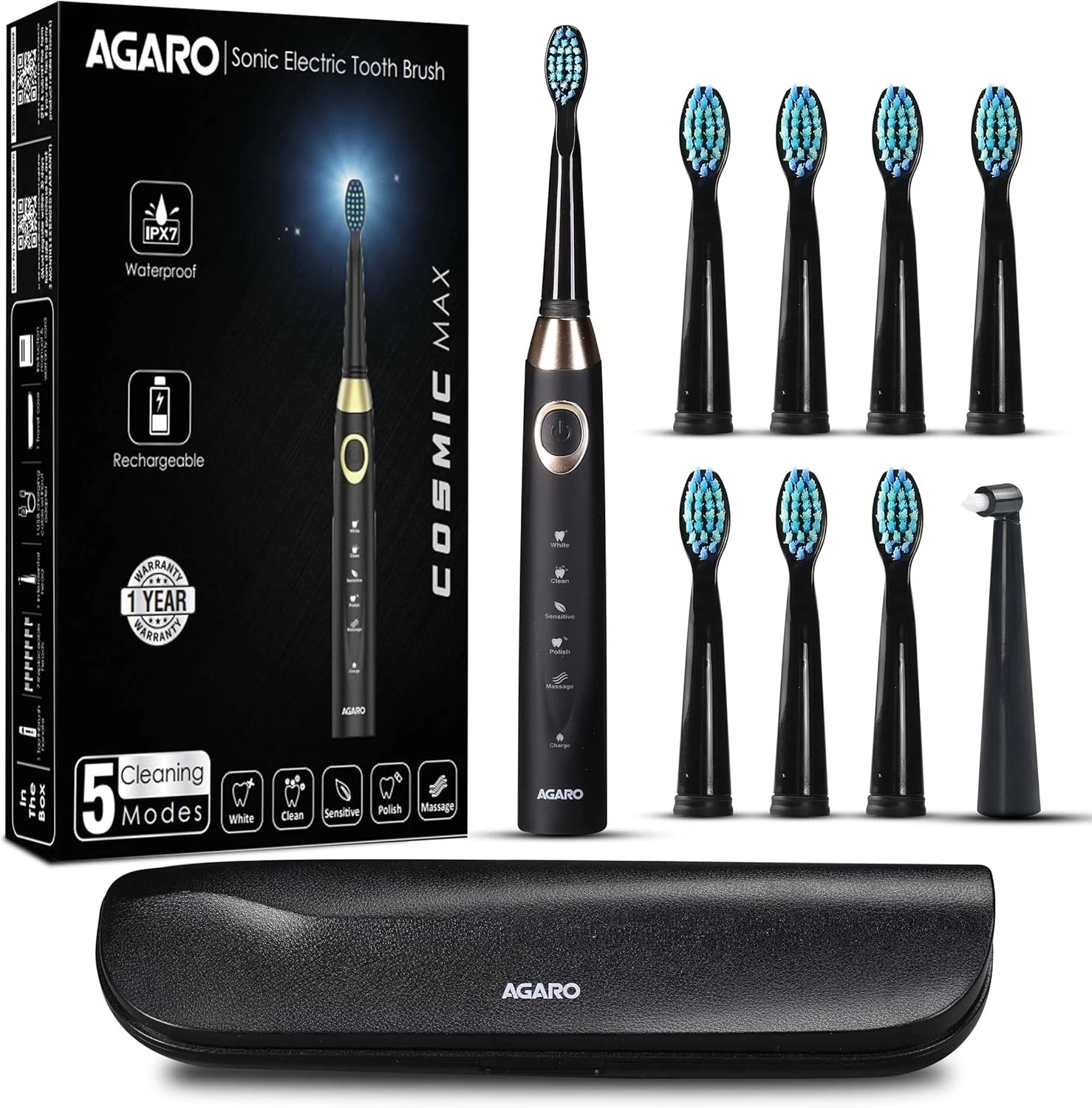 مسواک برقی صوتی AGARO COSMIC MAX برای بزرگسالان با 5 حالت، 7 سری مسواک، 1 سری بین دندانی و قابل شارژ با 4 ساعت شارژ که تا 25 روز دوام می آورد (مشکی)