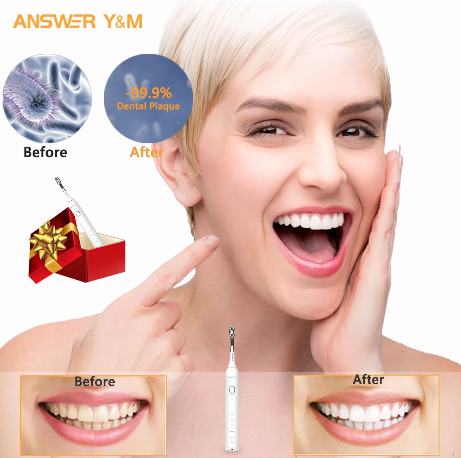 مسواک برقی ANSWER Y&M، مسواک برقی التراسونیک کم صدا برای بزرگسالان، مسواک الکترونیکی با عمر باتری 50 روزه، مسواک ضد آب IPX7، بهترین انتخاب برای مسافرت یا کار