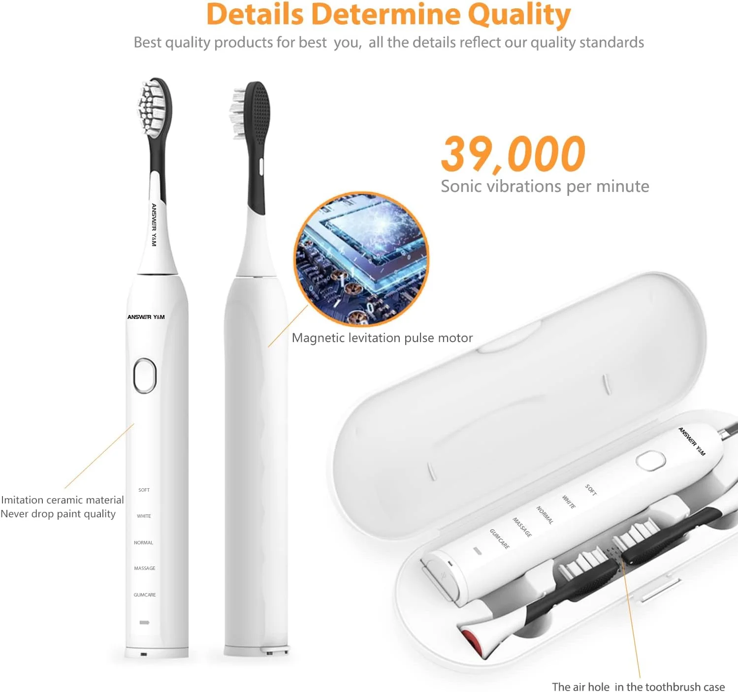مسواک برقی ANSWER Y&M، مسواک برقی التراسونیک کم صدا برای بزرگسالان، مسواک الکترونیکی با عمر باتری 50 روزه، مسواک ضد آب IPX7، بهترین انتخاب برای مسافرت یا کار