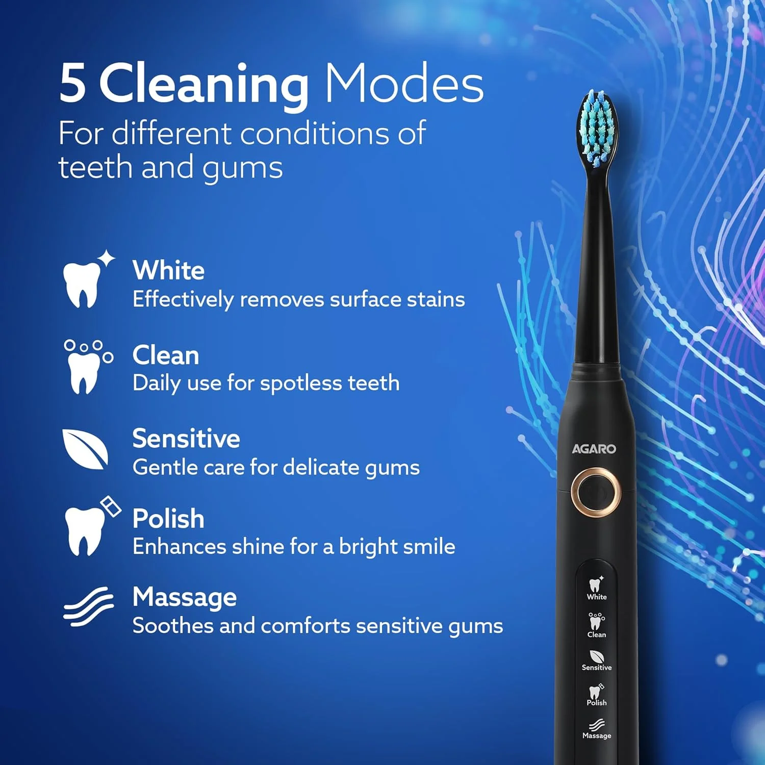 مسواک برقی صوتی AGARO COSMIC PLUS برای بزرگسالان با 5 حالت، 5 سر برس، 1 سر بین دندانی، کیف حمل و قابل شارژ با 4 ساعت شارژ تا 25 روز، مسواک برقی، (مشکی) مسواک برقی صوتی AGARO COSMIC PLUS برای بزرگسالان با 5 حالت، 5 سر برس، 1 سر بین دندانی، کیف حمل و قابل شارژ با 4 ساعت شارژ تا 25 روز، مسواک برقی، (مشکی)