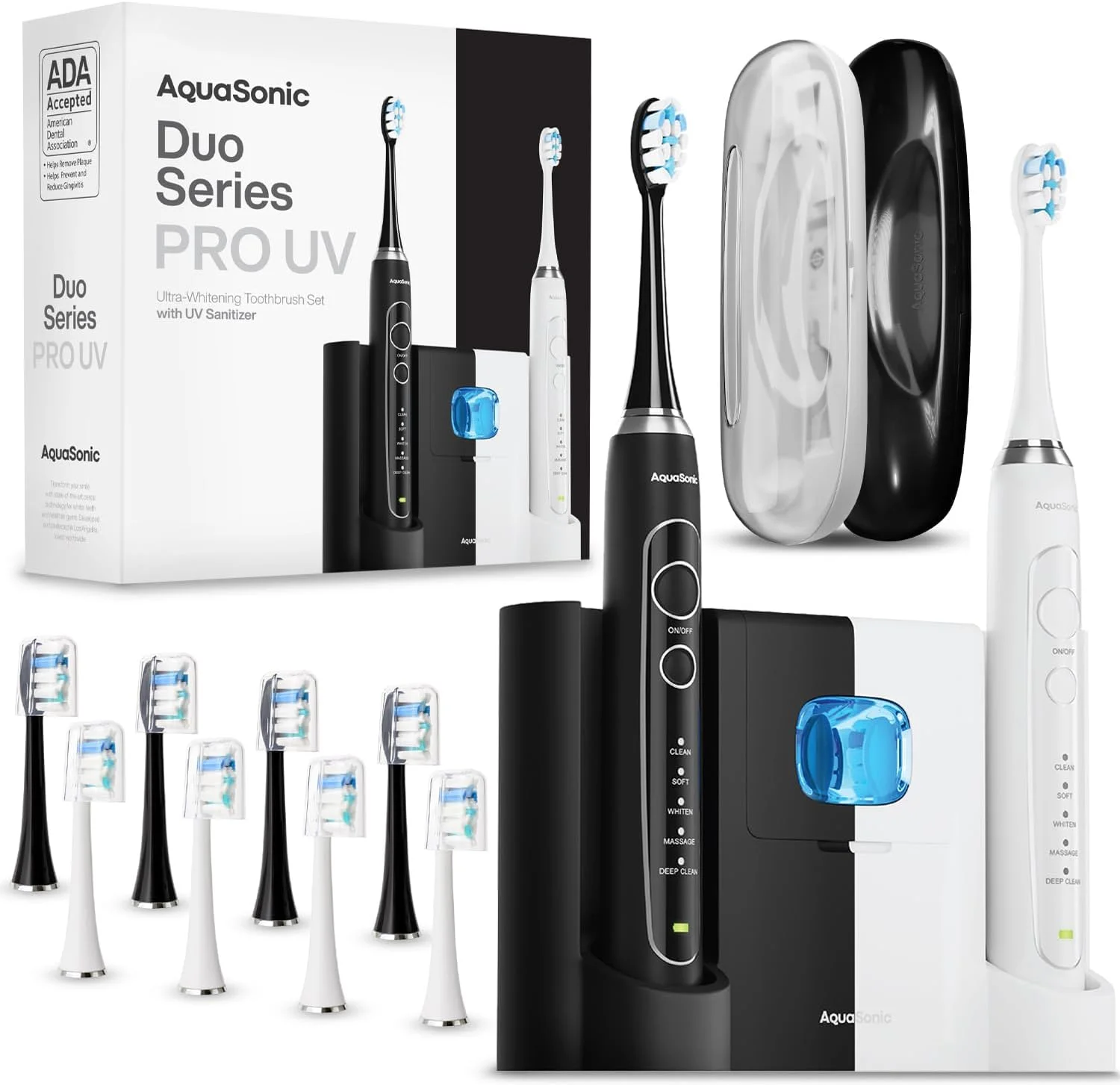 مسواک برقی آکواسونیک سری Duo PRO UV - مورد تایید ADA با پایه شارژ القایی و استریل کننده UV - دارای 5 حالت با تایمر هوشمند - 10 سر برس Proflex و 2 کیف مسافرتی