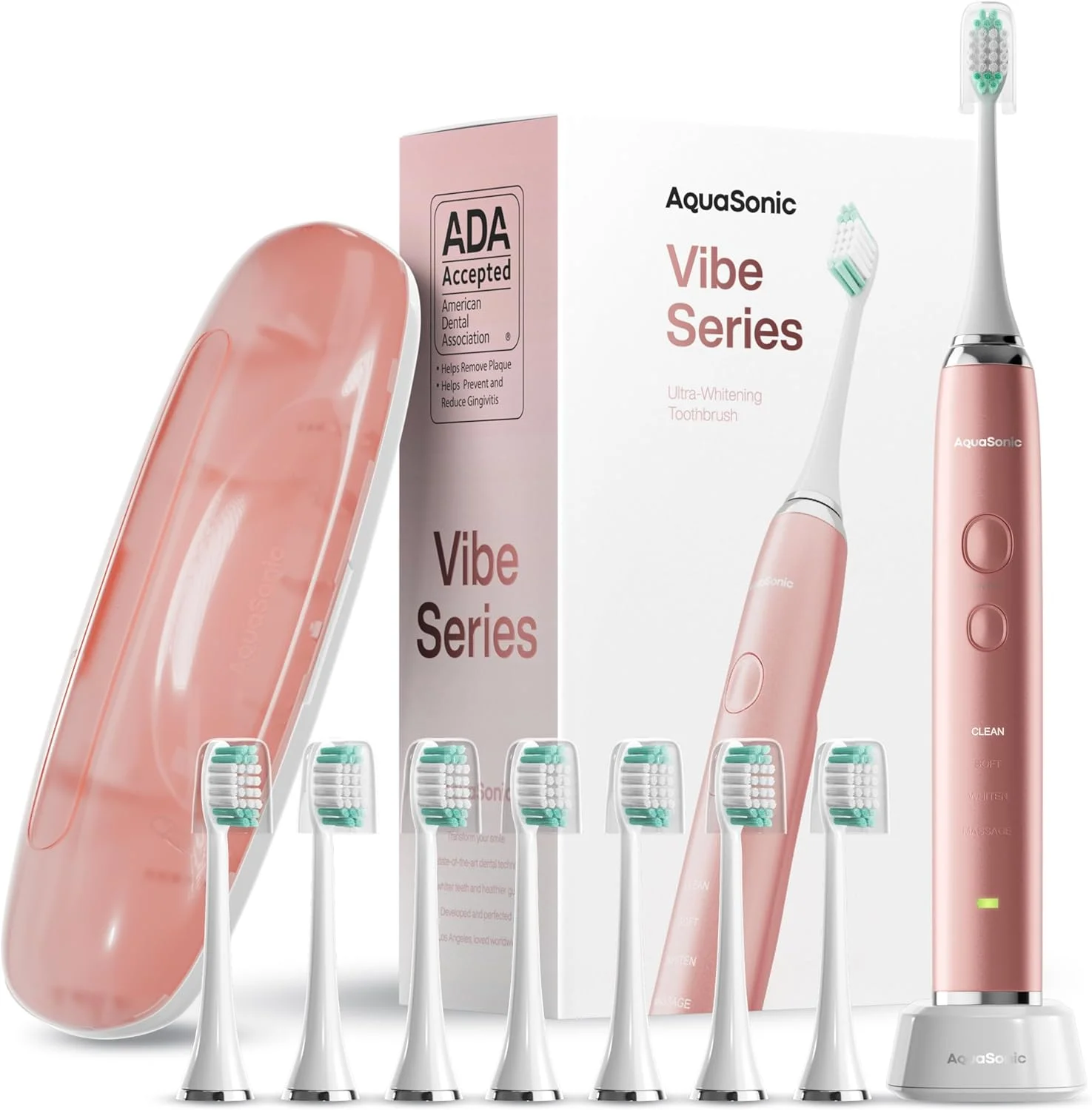 مسواک برقی فوق العاده سفید کننده سری Aquasonic Vibe - مسواک برقی مورد تایید ADA - دارای 8 سری مسواک و کیف مسافرتی - موتور 40000 VPM و شارژ بی سیم - 4 حالت با تایمر هوشمند - طلایی رز ساتن
