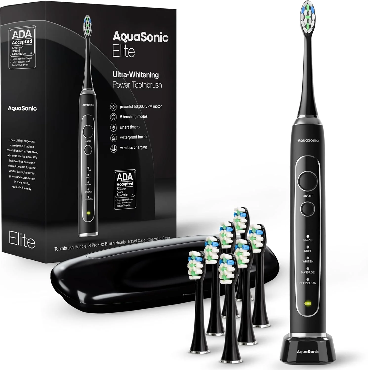 مسواک برقی فوق سفید کننده آکواسونیک الیت - مسواک برقی مورد تایید ADA - دارای 8 سری برس Proflex و کیف مسافرتی - موتور 50000 VPM و شارژ بی سیم - 5 حالت با تایمر هوشمند (مشکی)