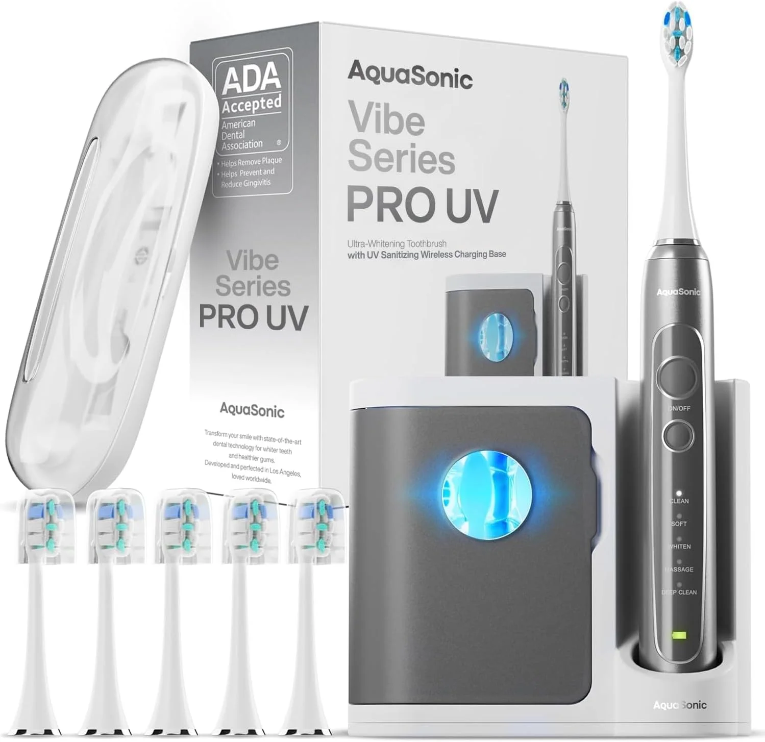 مسواک برقی فوق سفید کننده آکواسونیک سری Vibe PRO – 5 حالت و تایمر هوشمند – پایه ضدعفونی کننده UV (متالیک ذغالی)