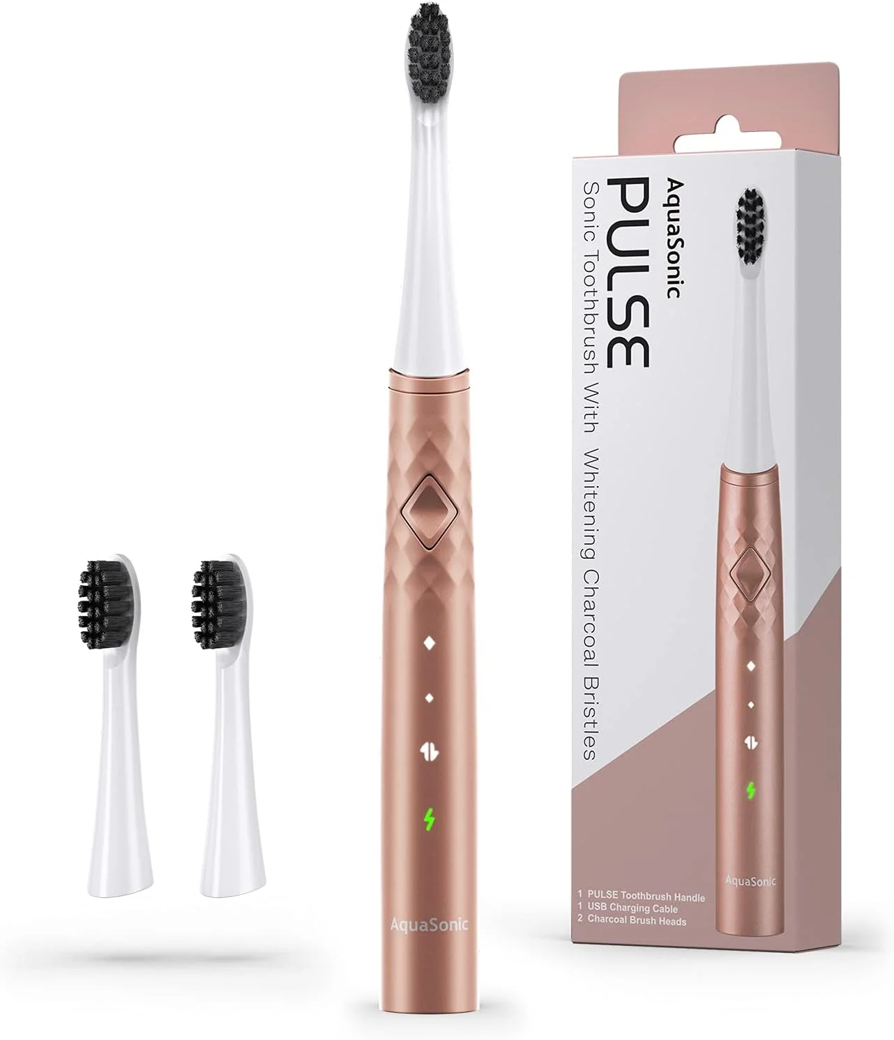 مسواک برقی فوق سفید کننده AquaSonic Pulse با برس های سفید کننده ذغالی فعال - مسواک صوتی قابل شارژ - 3 حالت و تایمرهای هوشمند - ماندگاری 45 روز - مسواک خانگی و مسافرتی
