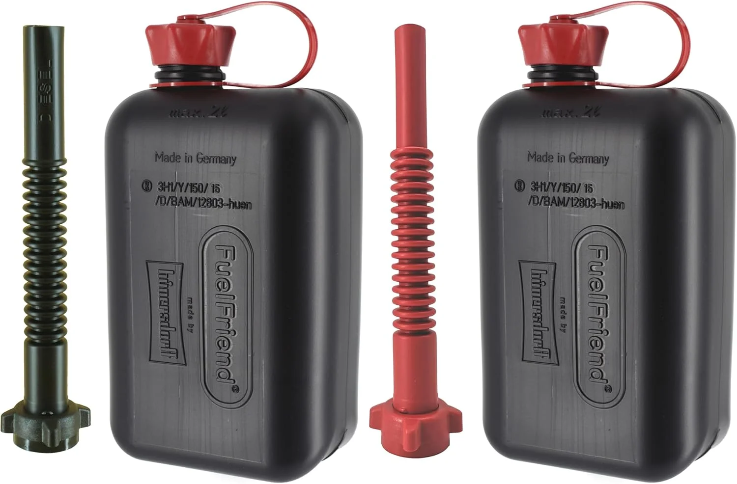 FuelFriend® -BIG حداکثر 2.0 لیتر – 2 عدد مخزن بنزین با تاییدیه سازمان ملل + لوله های خروجی ممتاز برای گازوئیل و بنزین