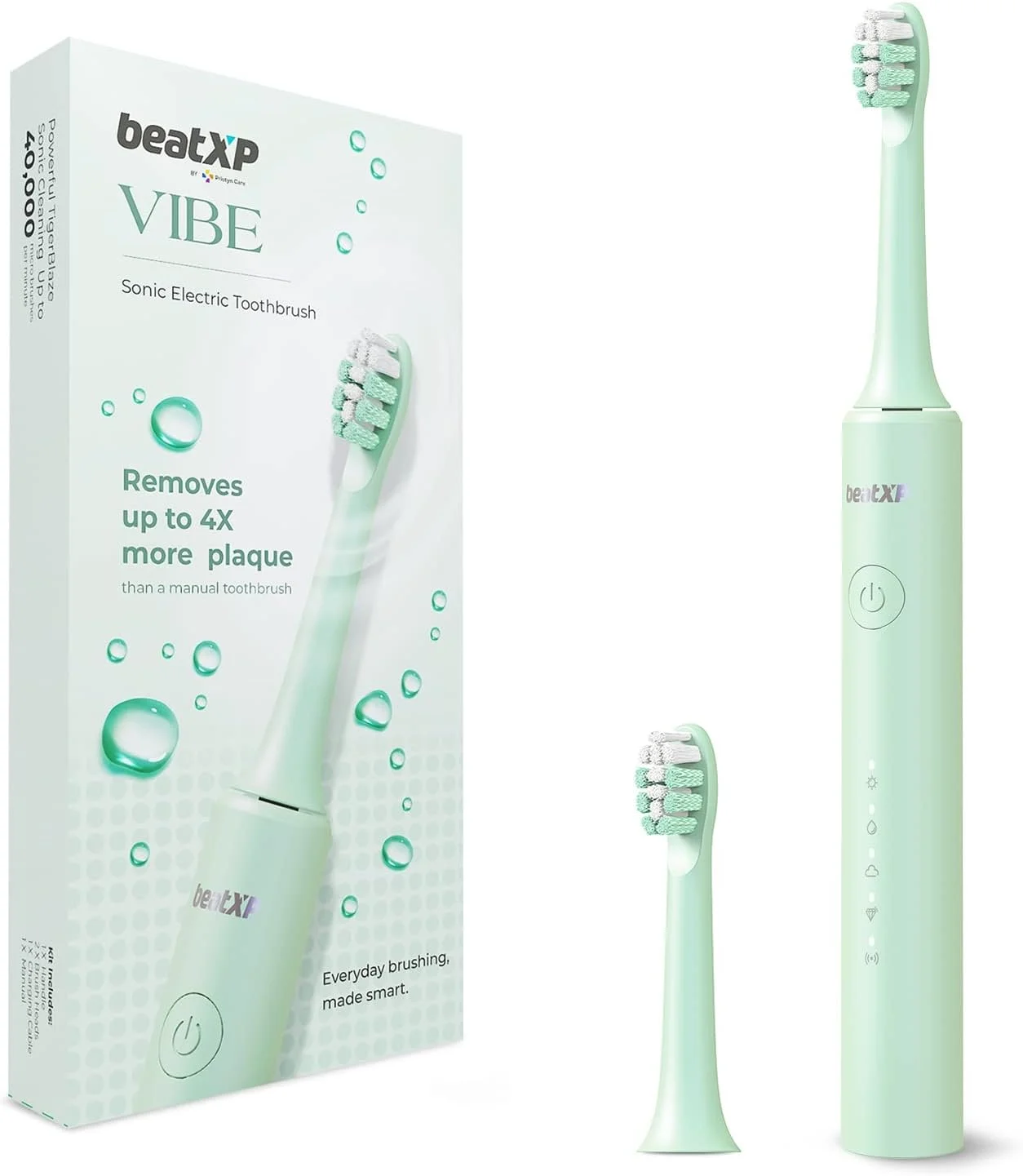 مسواک برقی beatXP Vibe برای بزرگسالان با ۴ برابر پاکسازی پلاک | مسواک برقی قابل شارژ با ۲ سری مسواک و ۵ حالت تمیز کردن | ۴۰۰۰۰ ضربه در دقیقه با عمر باتری طولانی