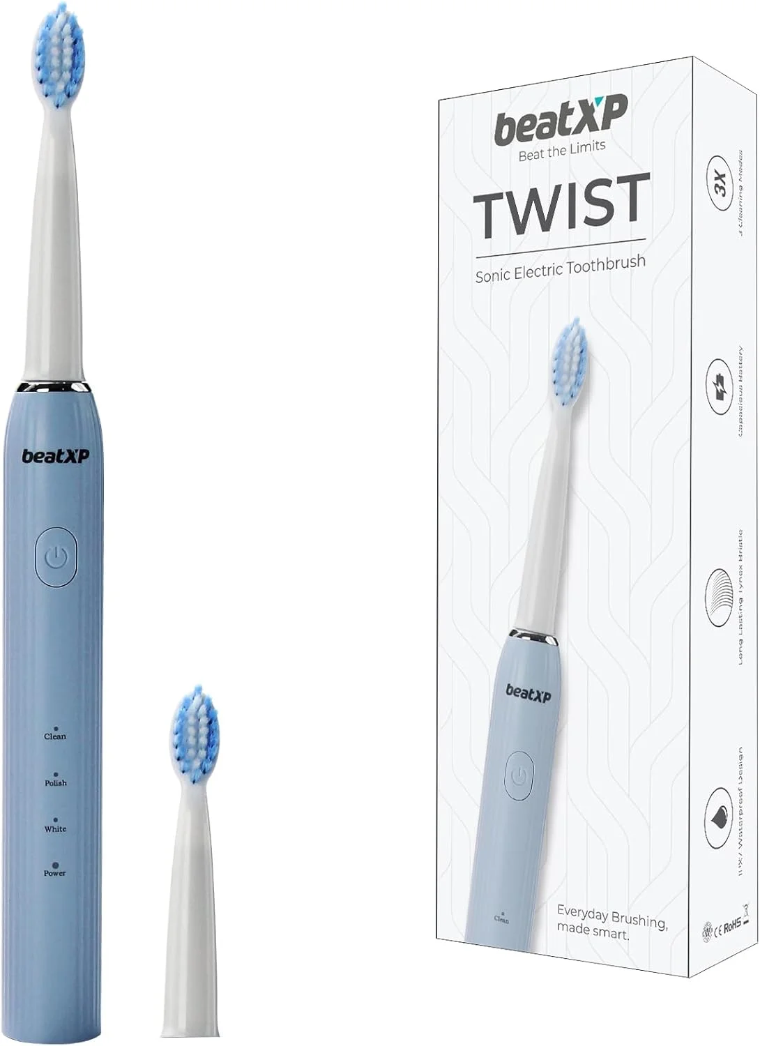 مسواک برقی بزرگسالان beatXP Twist Sonic با قابلیت پاکسازی 4 برابر بیشتر پلاک و 2 سری برس و 3 حالت تمیز کردن | مسواک برقی قابل شارژ | 20500 ضربه در دقیقه با عمر باتری طولانی (آبی)