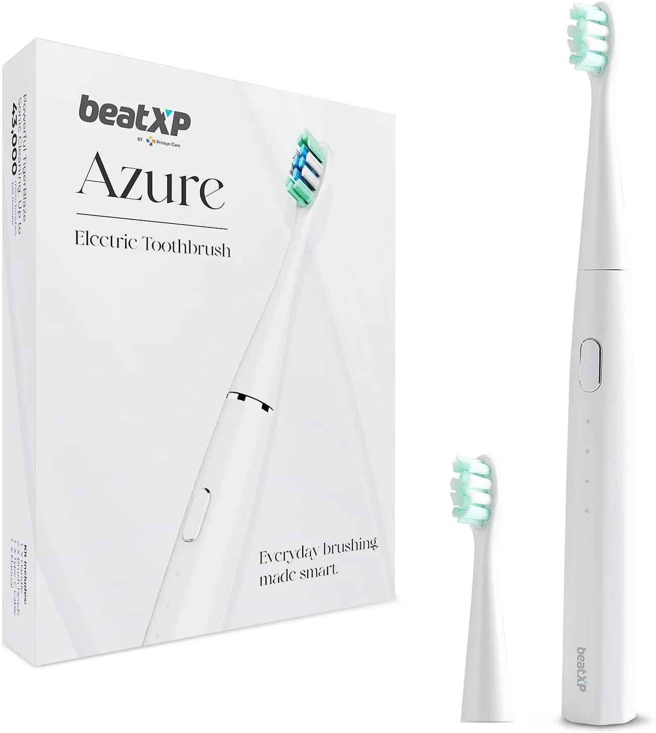 مسواک برقی بزرگسال beatXP Azure با 2 سری برس و 5 حالت تمیز کردن | باتری قابل شارژ مسواک برقی با عمر باتری تا 180 روز (سفید)