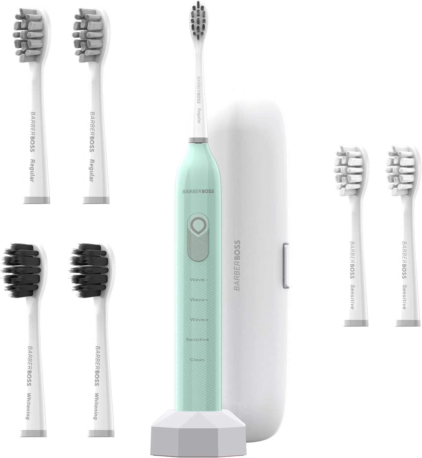 مسواک برقی صوتی بزرگسال BarberBoss، زوایای تمیزکاری قابل تنظیم، 5 حالت تمیزکاری، 6 سر برس، مسواک برقی، شروع مقاوم در برابر پاشش آب، باتری 45 روزه و ست مسافرتی