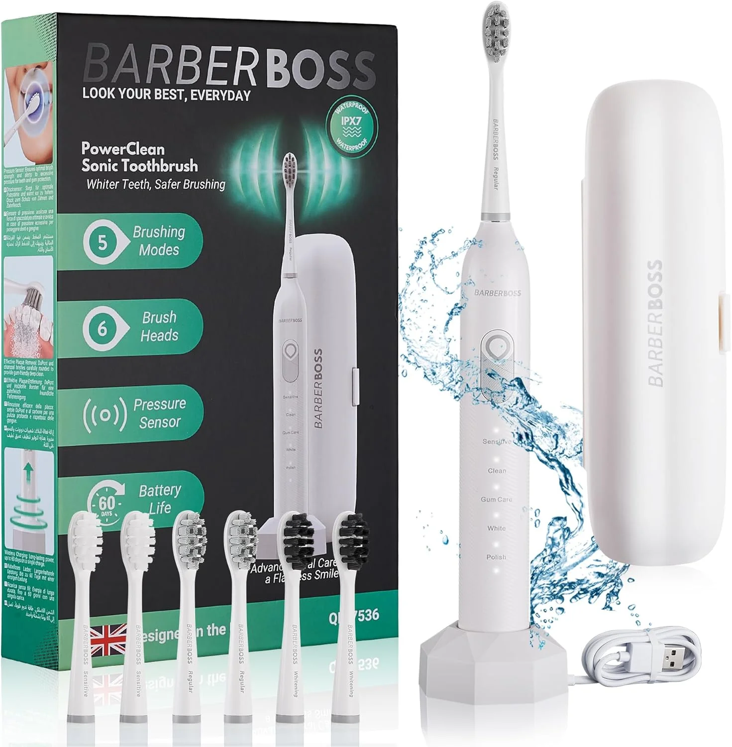 مسواک برقی بزرگسال BarberBoss - دارای 5 حالت تمیز کردن، شامل 6 سری مسواک، مجهز به سنسور فشار، تایمر هوشمند و کیف مسافرتی، مدل QR-7536 (سفید)