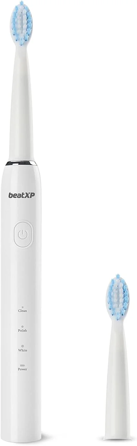 مسواک برقی بزرگسال beatXP Buzz با 2 سری برس و 3 حالت تمیز کردن | مسواک برقی قابل شارژ با تایمر 2 دقیقه ای و Quadpacer | 19000 ضربه در دقیقه با عمر باتری طولانی (سفید)