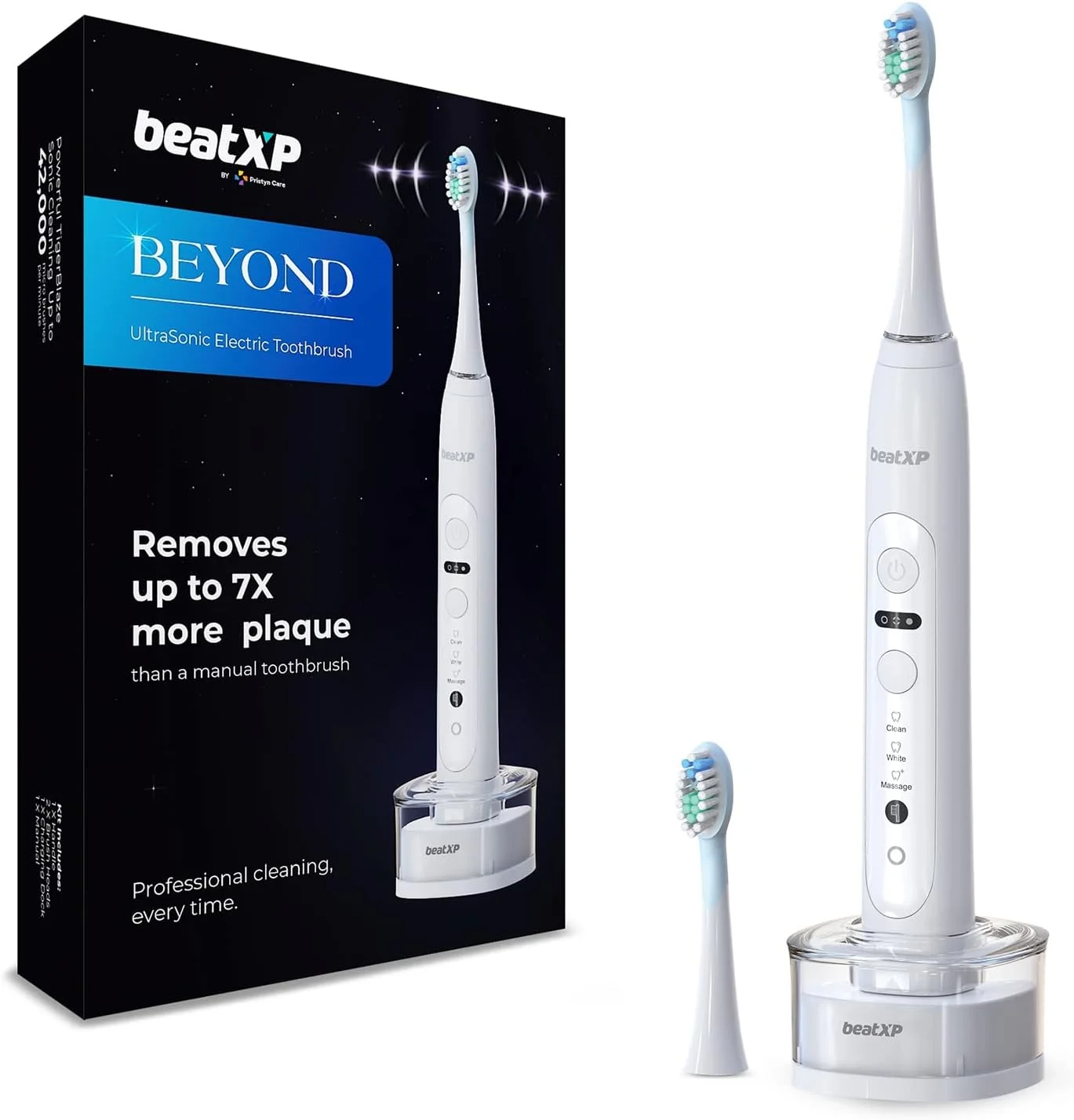 مسواک برقی بزرگسالان beatXP Beyond با قابلیت 7 برابر پاکسازی پلاک و شارژ بی سیم| مسواک برقی با 2 سری برس و 5 حالت تمیز کردن| 42000 ضربه در دقیقه به همراه کیف مسافرتی