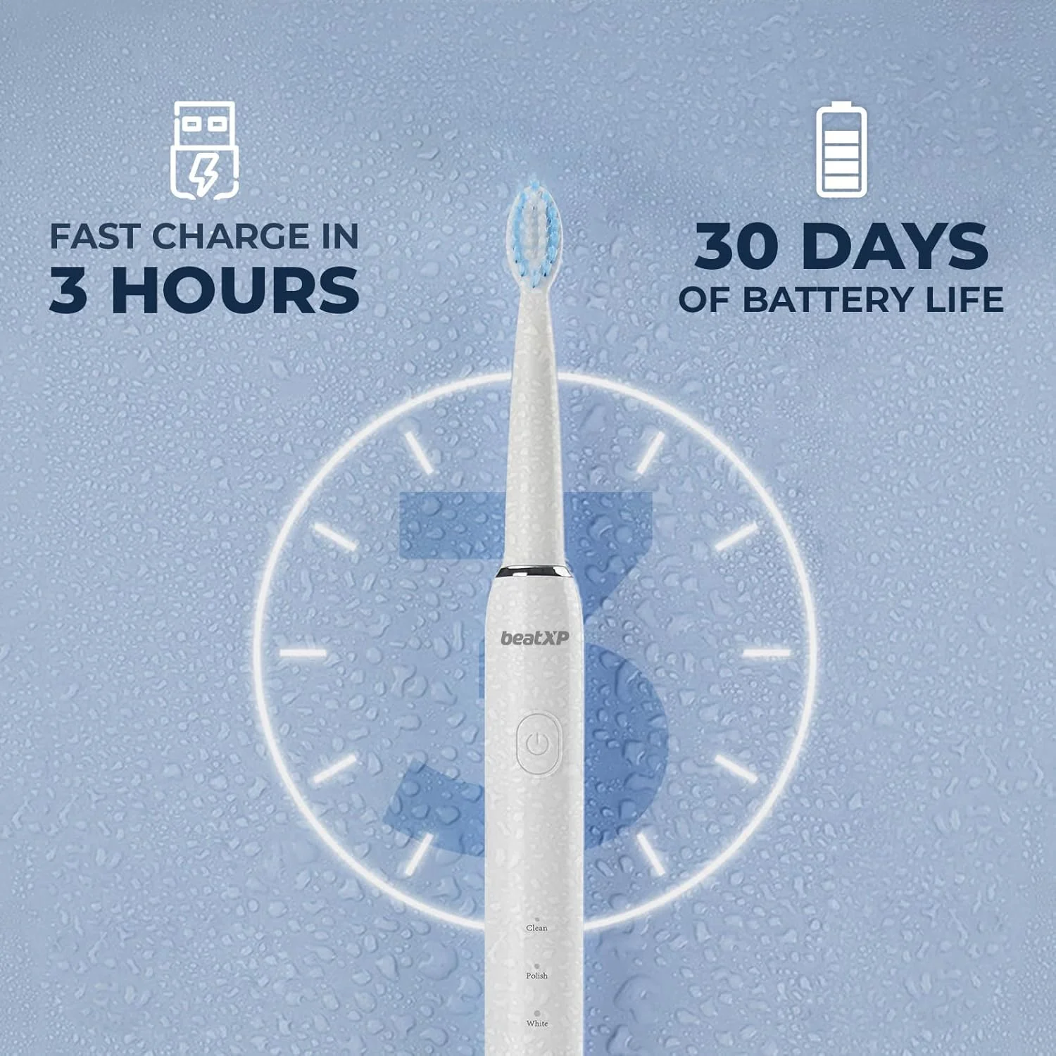 مسواک برقی بزرگسال beatXP Buzz با 2 سری برس و 3 حالت تمیز کردن | مسواک برقی قابل شارژ با تایمر 2 دقیقه ای و Quadpacer | 19000 ضربه در دقیقه با عمر باتری طولانی (سفید)