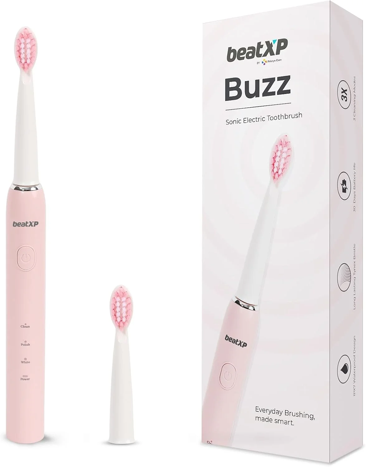 مسواک برقی بزرگسال beatXP Buzz به همراه 2 سری مسواک و 3 حالت تمیز کردن | مسواک برقی قابل شارژ با تایمر 2 دقیقه ای و Quadpacer | 19000 ضربه در دقیقه با عمر باتری طولانی (صورتی)