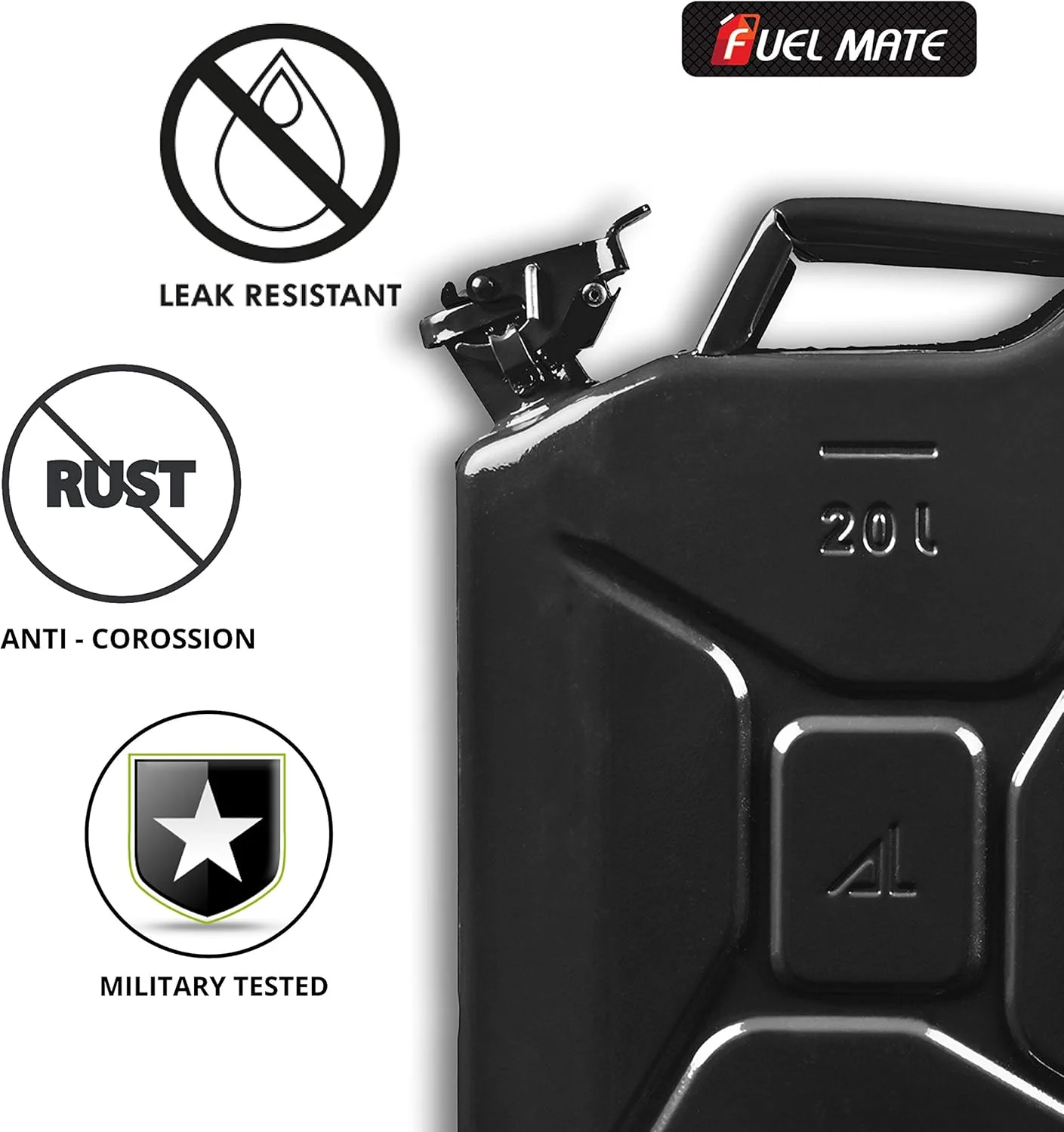 گالن فلزی مشکی 20 لیتری Fuel Mate، 35.5 در 15.2 در 45.7 سانتی متر، مناسب برای ژنراتورها، جیپ ها، فعالیت های دریایی، قایق و سایر وسایل نقلیه