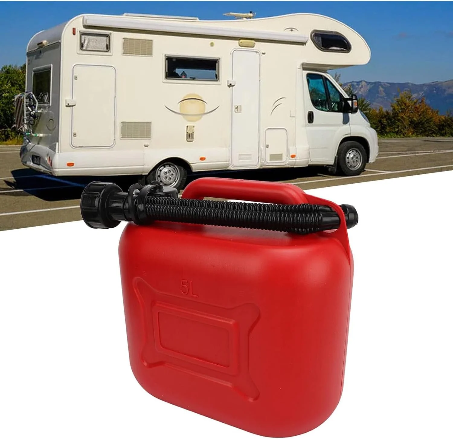 گالن سوخت 5 لیتری / مخزن سوخت 1.3 گالنی با نازل انعطاف پذیر 27 سانتی متری - مخزن ذخیره بنزین قابل حمل برای خودرو، موتور سیکلت، ماشین چمن زنی، استفاده اضطراری - مخزن سوخت پلاستیکی بادوام