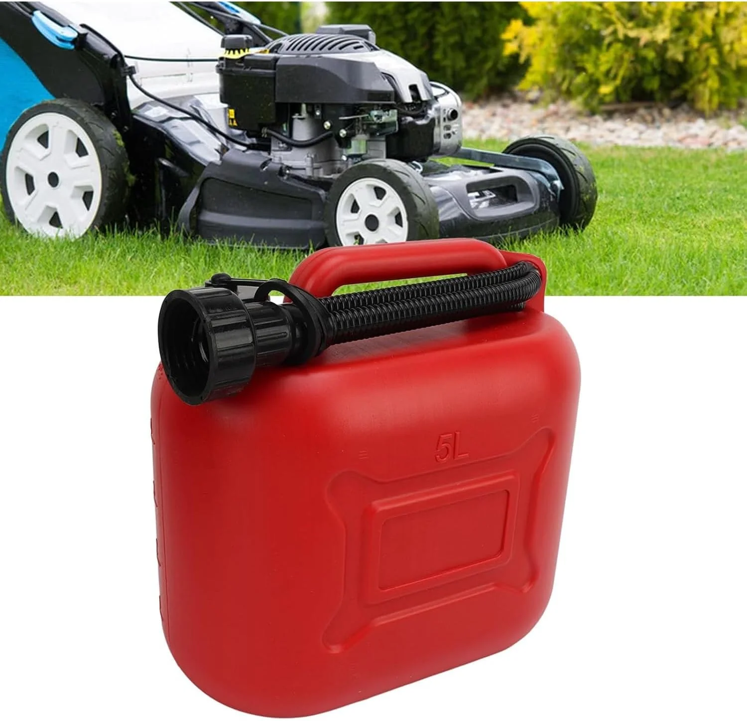 گالن سوخت 5 لیتری / مخزن سوخت 1.3 گالنی با نازل انعطاف پذیر 27 سانتی متری - مخزن ذخیره بنزین قابل حمل برای خودرو، موتور سیکلت، ماشین چمن زنی، استفاده اضطراری - مخزن سوخت پلاستیکی بادوام