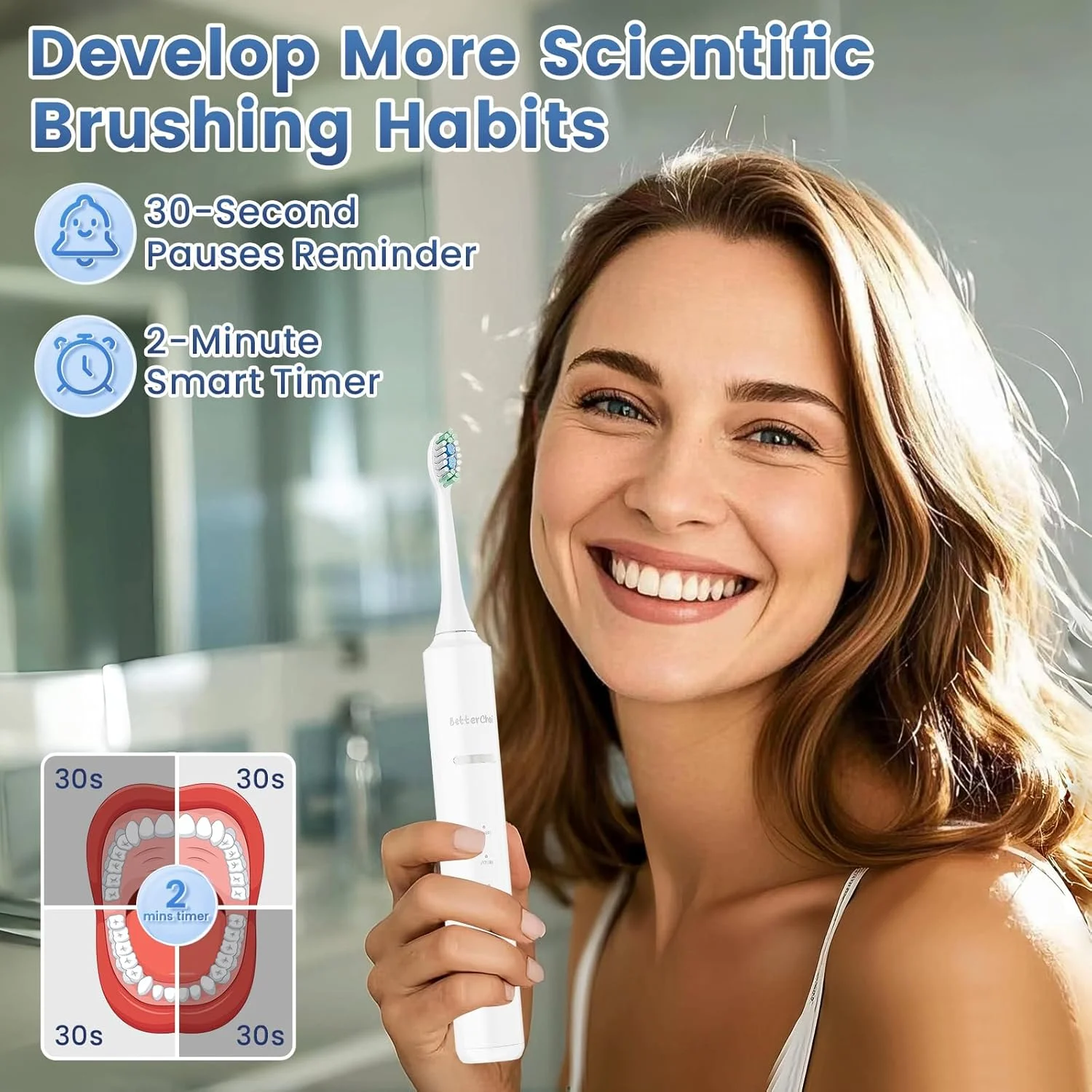 مسواک برقی صوتی Betterchoi - موتور مگلو 41000 دور در دقیقه - 4 سری برس - ضد آب IPX7، باتری با عمر طولانی 1500 میلی آمپر ساعت، 5 حالت تمیز کردن و تایمر هوشمند، سفید مسواک برقی صوتی Betterchoi - موتور مگلو 41000 دور در دقیقه - 4 سری برس - ضد آب IPX7، باتری با عمر طولانی 1500 میلی آمپر ساعت، 5 حالت تمیز کردن و تایمر هوشمند، سفید