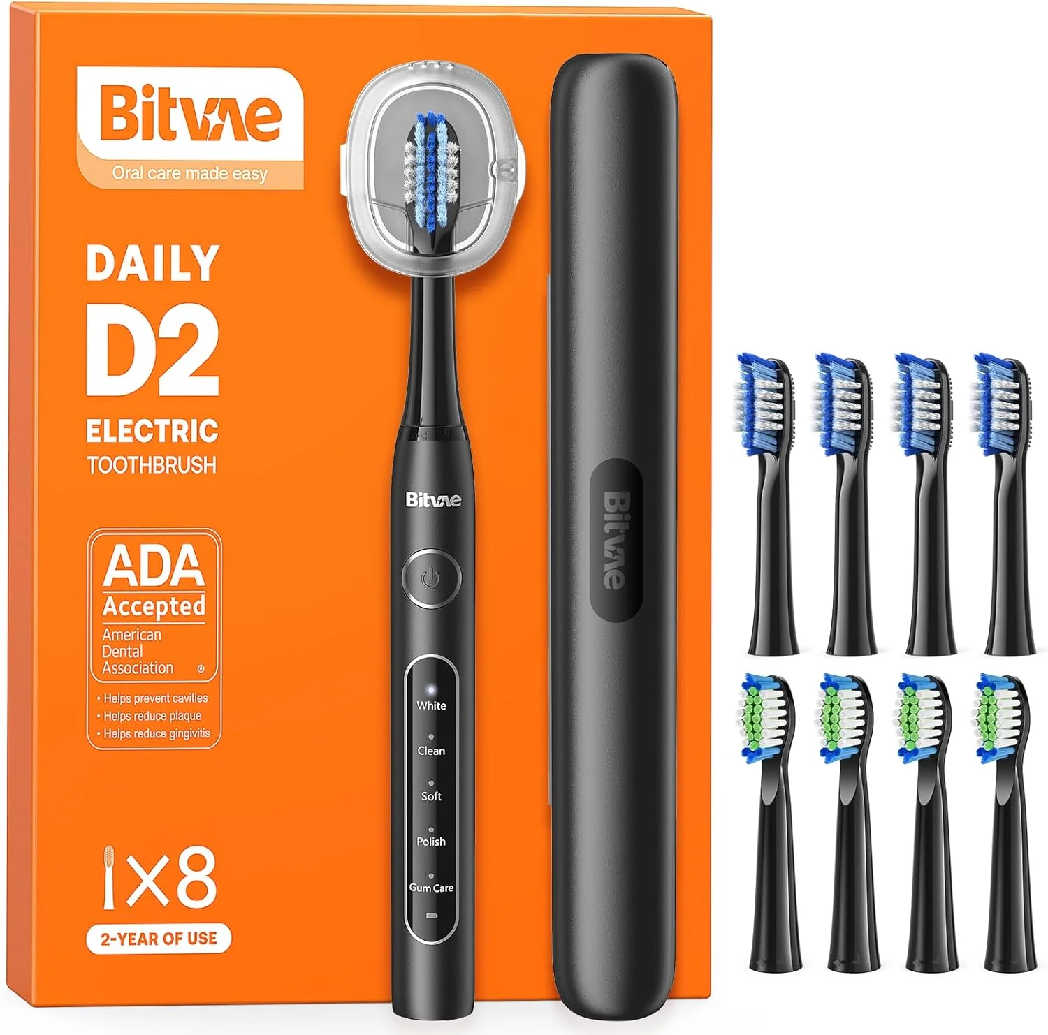 Bitvae Sonic Electric Toothbrush, Daliy D2 Rechargeable Electric Toothbrush for Adults and Kids, Ultrasonic Toothbrush with 8 Toothbrush Heads, Black