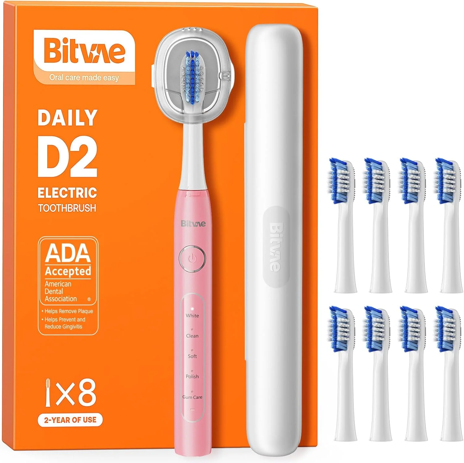 مسواک برقی Bitvae D2، تایید شده توسط انجمن دندانپزشکی آمریکا - ADA، دارای 5 حالت تمیز کردن، 8 سری یدکی، کیف مسافرتی و پشتیبانی، 60 روز عمر باتری، صورتی