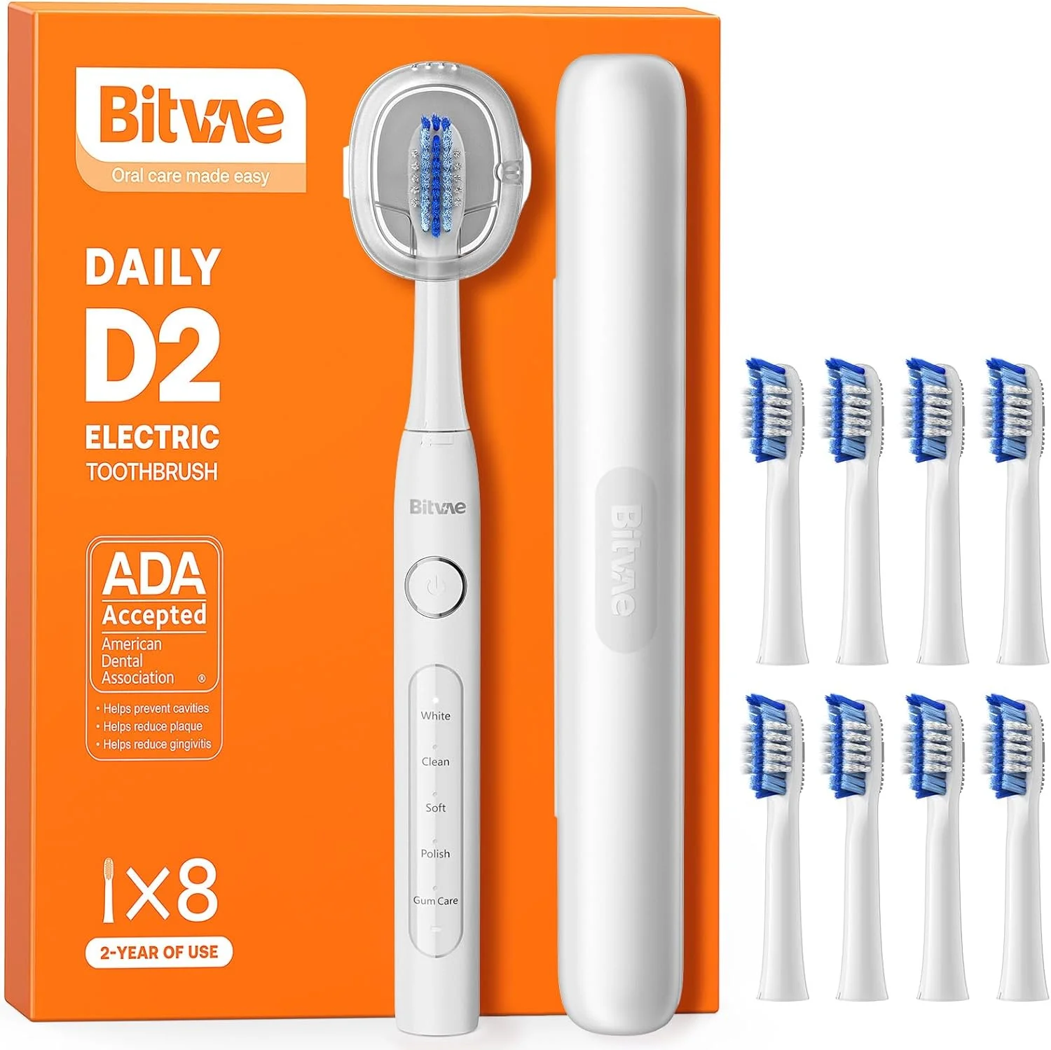 مسواک برقی Bitvae با 8 سری مسواک، 5 حالت مسواک برقی اولتراسونیک با پایه نگهدارنده برای بزرگسالان، مسواک قابل شارژ مسافرتی با تایمر، مسواک اولتراسونیک، سفید D2