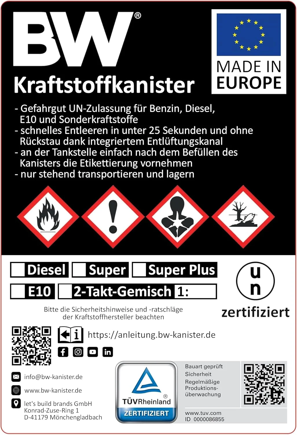 نازل انعطاف پذیر BW® برای گالن سوخت، مناسب برای گالن فلزی بنزین 5/10/20 لیتری، لوله انعطاف پذیر 20 میلی متری برای بنزین، قرمز، RAL 3000، ساخت اروپا