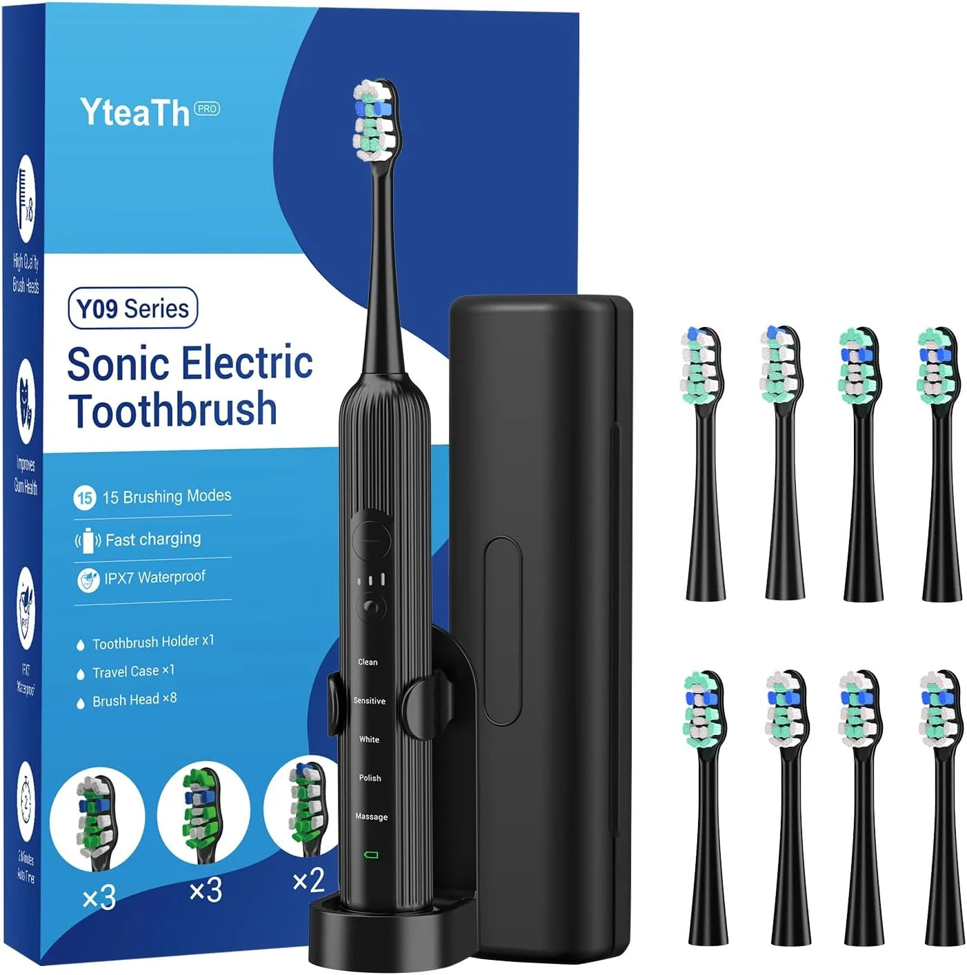 مسواک برقی سونیک برای بزرگسالان و کودکان، 47000 دور در دقیقه با 5 حالت و 3 شدت، مسواک مسافرتی با کیف، 3 ساعت شارژ برای 60 روز، تایمر هوشمند داخلی مشکی