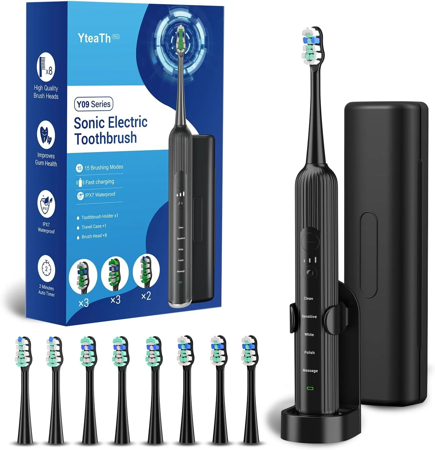 مسواک برقی برای بزرگسالان و کودکان، مسواک صوتی 47000 VPM با 5 حالت و 3 شدت، مسواک مسافرتی با کیف، 3 ساعت شارژ برای 60 روز، تایمر هوشمند داخلی