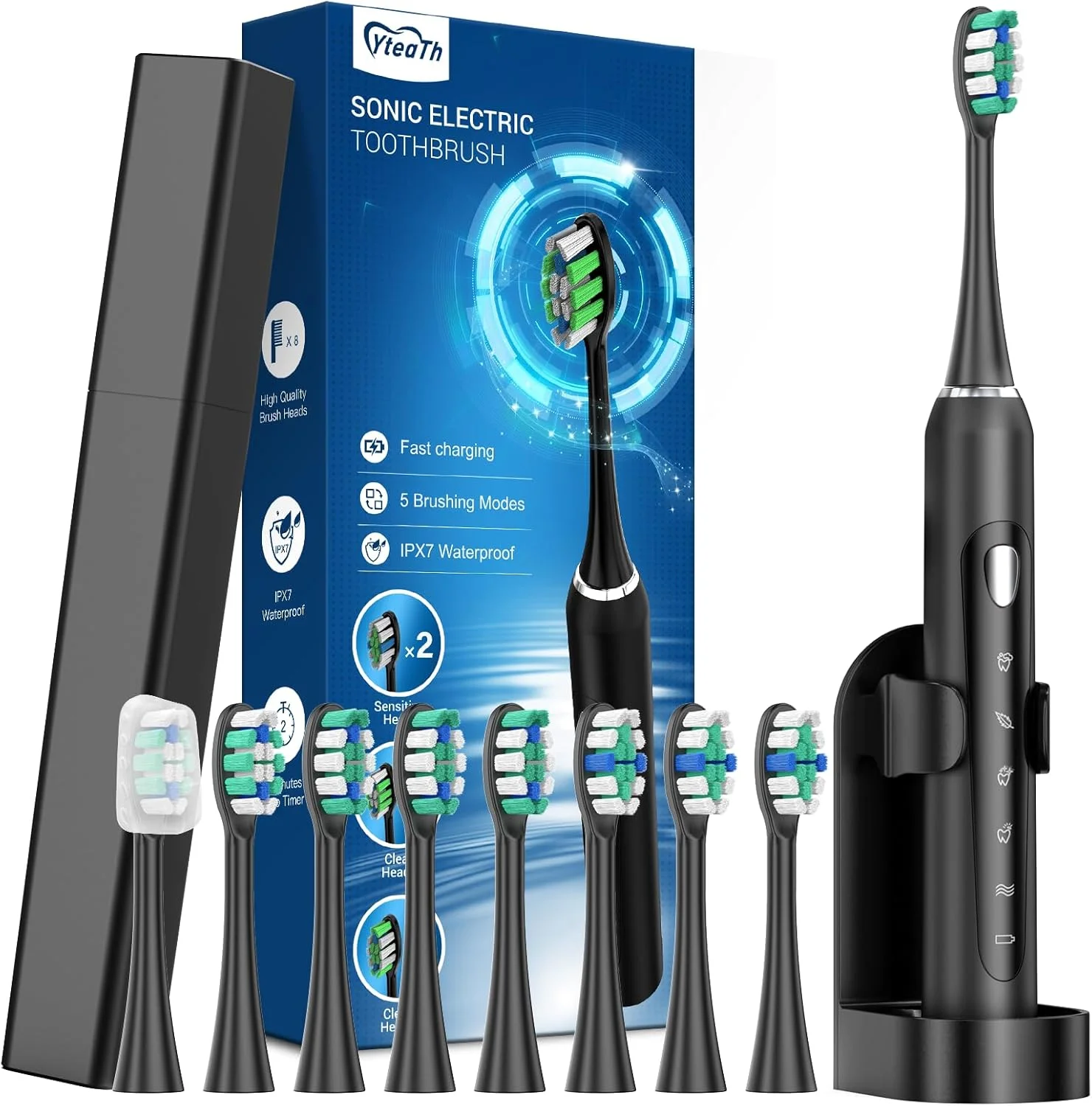 مسواک برقی، مسواک صوتی برای بزرگسالان و کودکان، مسواک برقی با 5 حالت، کیف مسافرتی، 40000VPM و 8 سر مسواک، عمر باتری 60 روزه، تایمر (مشکی مات)