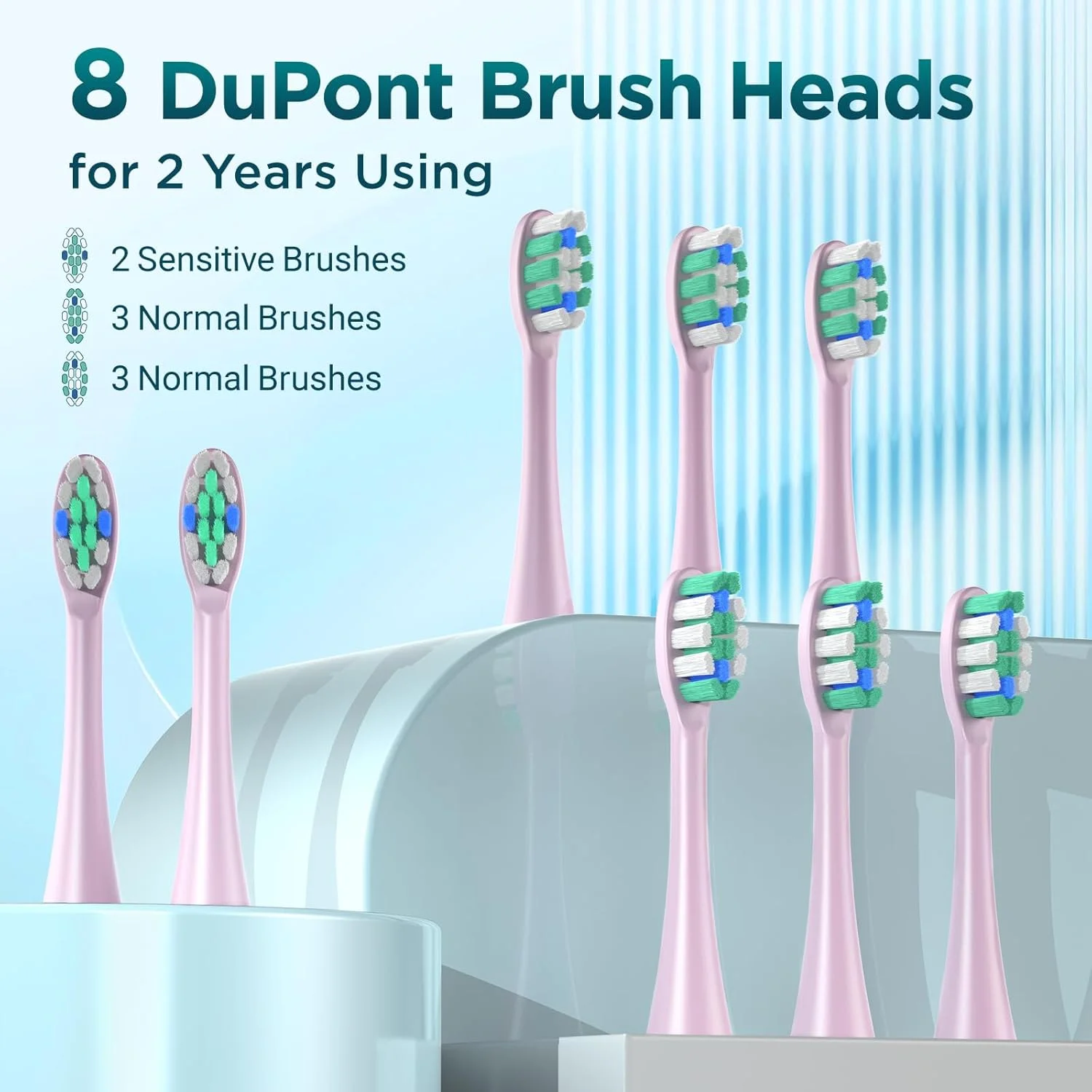 مسواک برقی، مسواک سونیک برای بزرگسالان و کودکان، مسواک برقی با 5 حالت، کیف مسافرتی، 40000VPM و 8 سر مسواک، 60 روز عمر باتری، تایمر (صورتی صورتی)