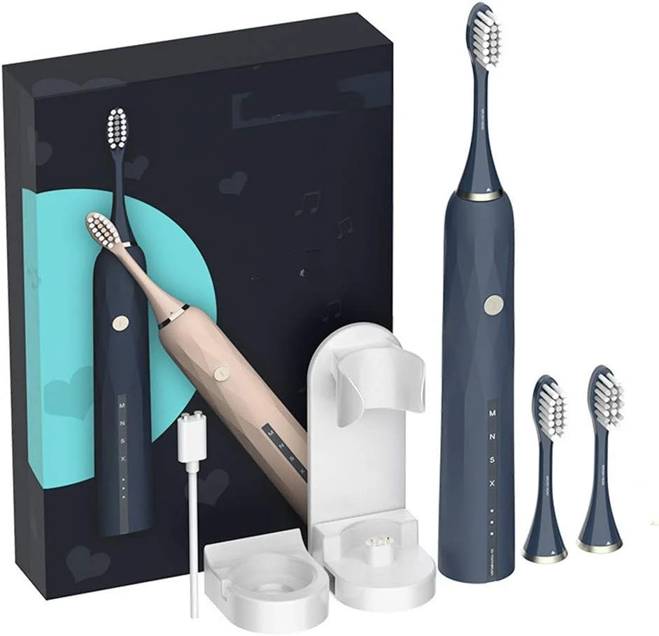 مسواک برقی سونیک، 4 حالت، 4 سر برس، شارژ سریع USB، منبع تغذیه، 1 ساعت شارژ، حداقل 30 روز استفاده (آبی تیره)