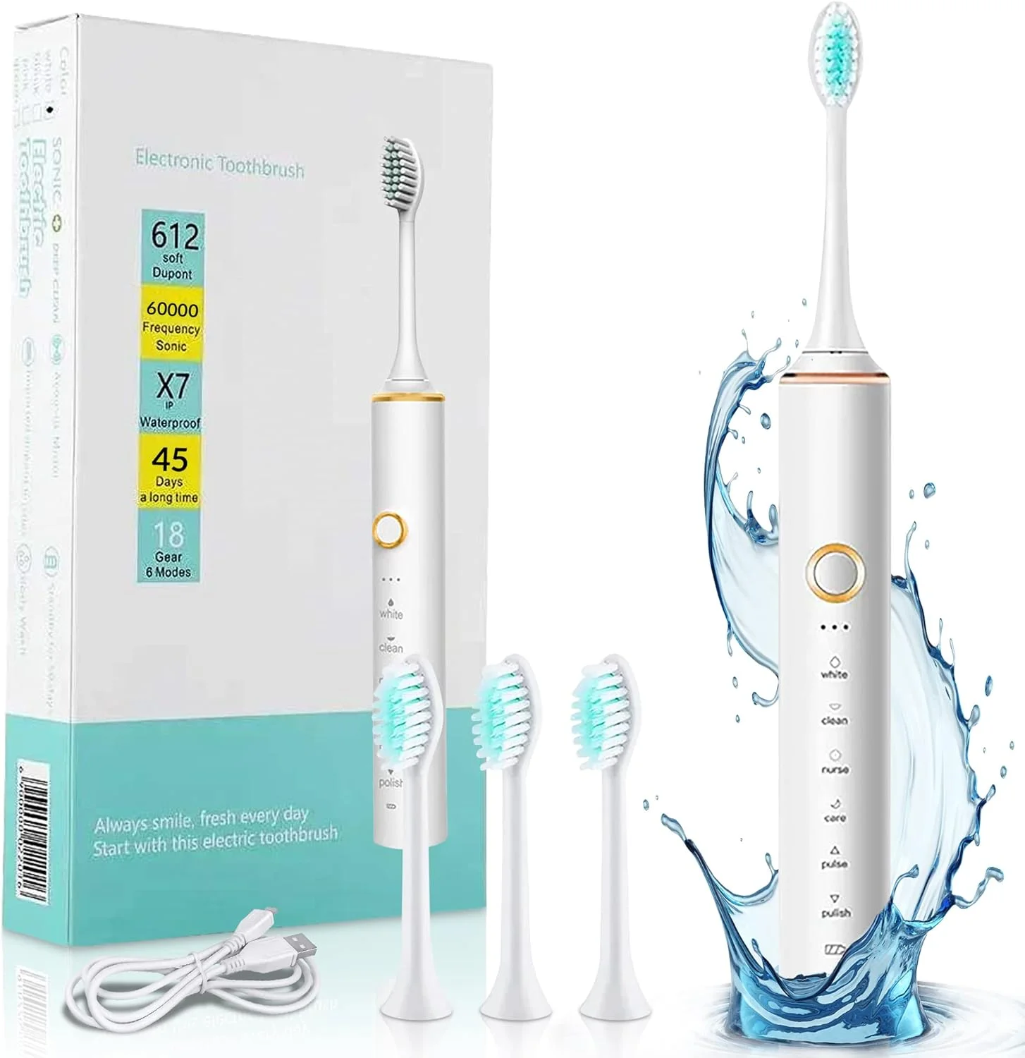 مسواک برقی بزرگسالان، قابل شارژ با USB، IPX7، برس نرم، 4 سر برس، 6 حالت تمیز کردن دهان با سفید کننده و تایمر هوشمند (سفید)